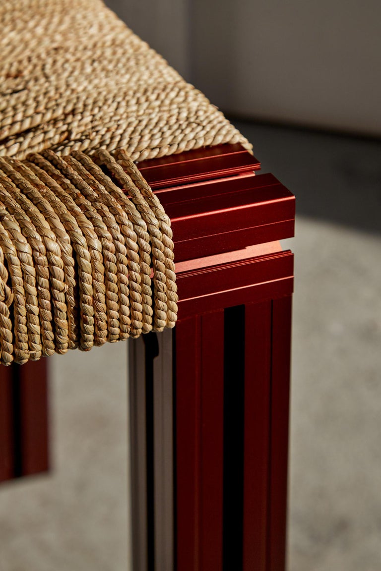 British Red Aluminium Stool with Reel Rush Seating from Anodised Wicker Collection For Sale