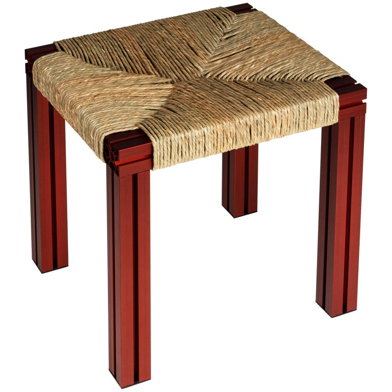 Red Aluminium Stool with Reel Rush Seating from Anodised Wicker Collection For Sale