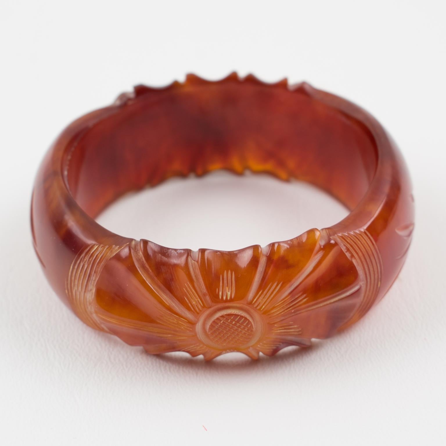 Amber Bakelite Bangle Bracelet with Floral carving For Sale 1