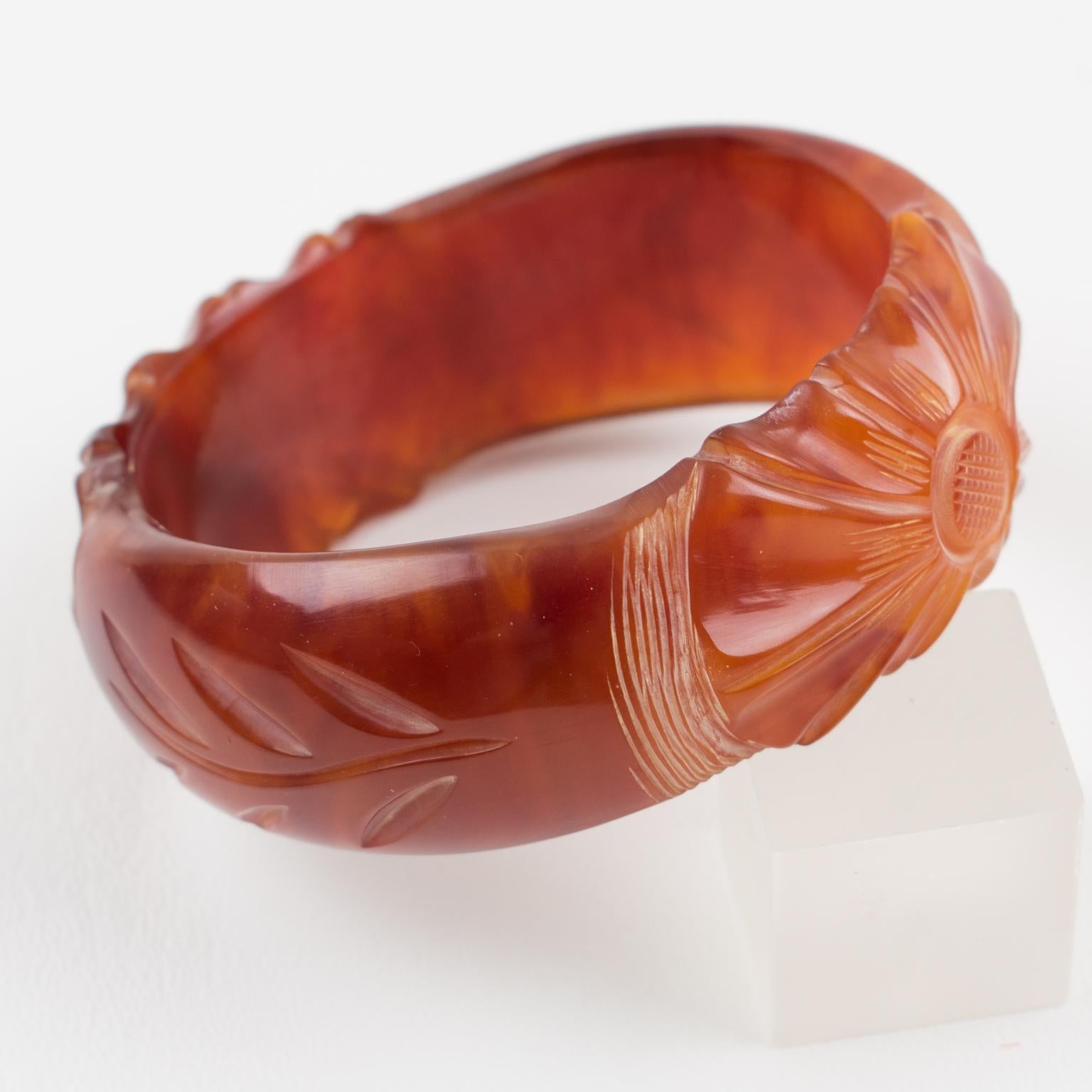 Amber Bakelite Bangle Bracelet with Floral carving For Sale 2