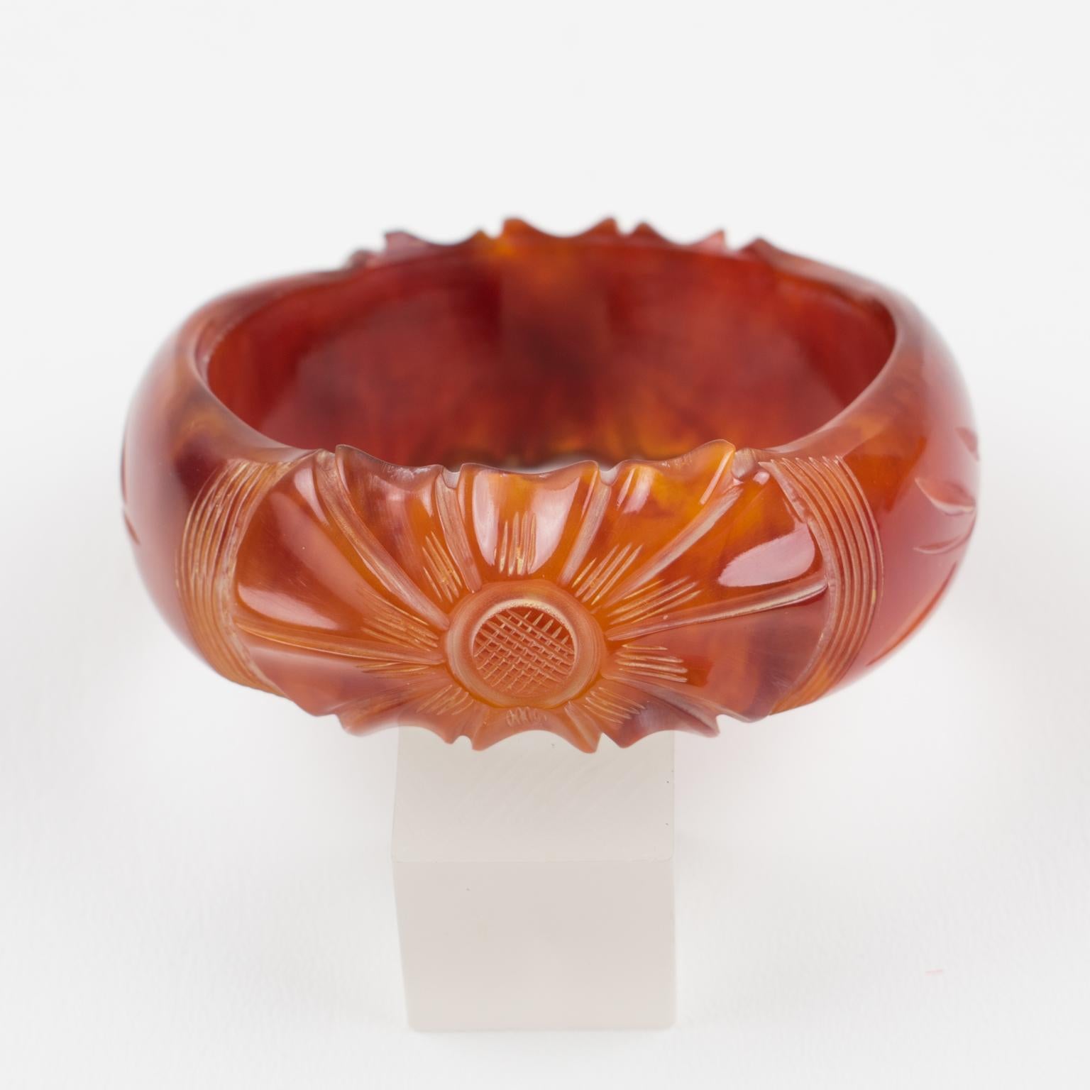 Amber Bakelite Bangle Bracelet with Floral carving For Sale 3