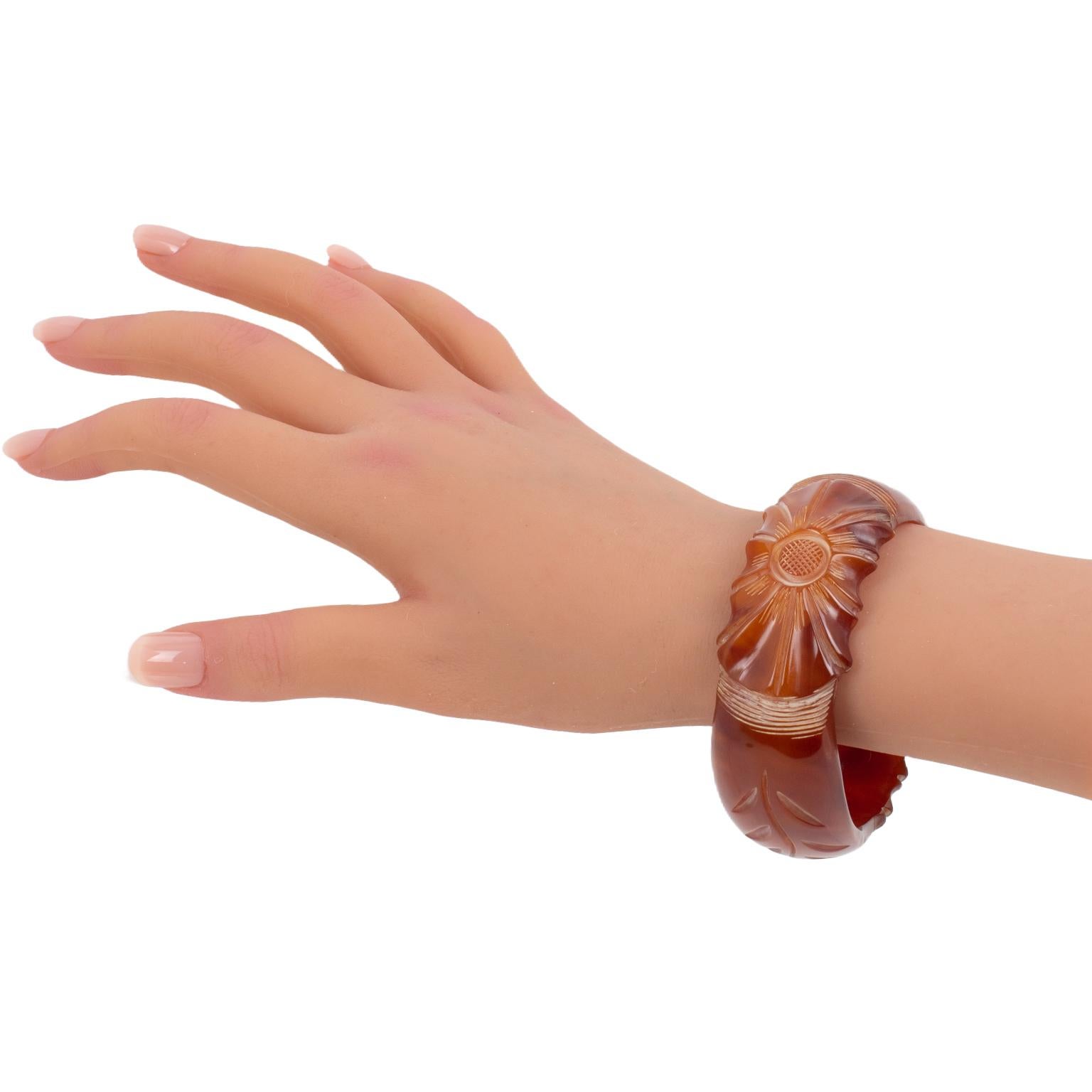 Women's Amber Bakelite Bangle Bracelet with Floral carving For Sale