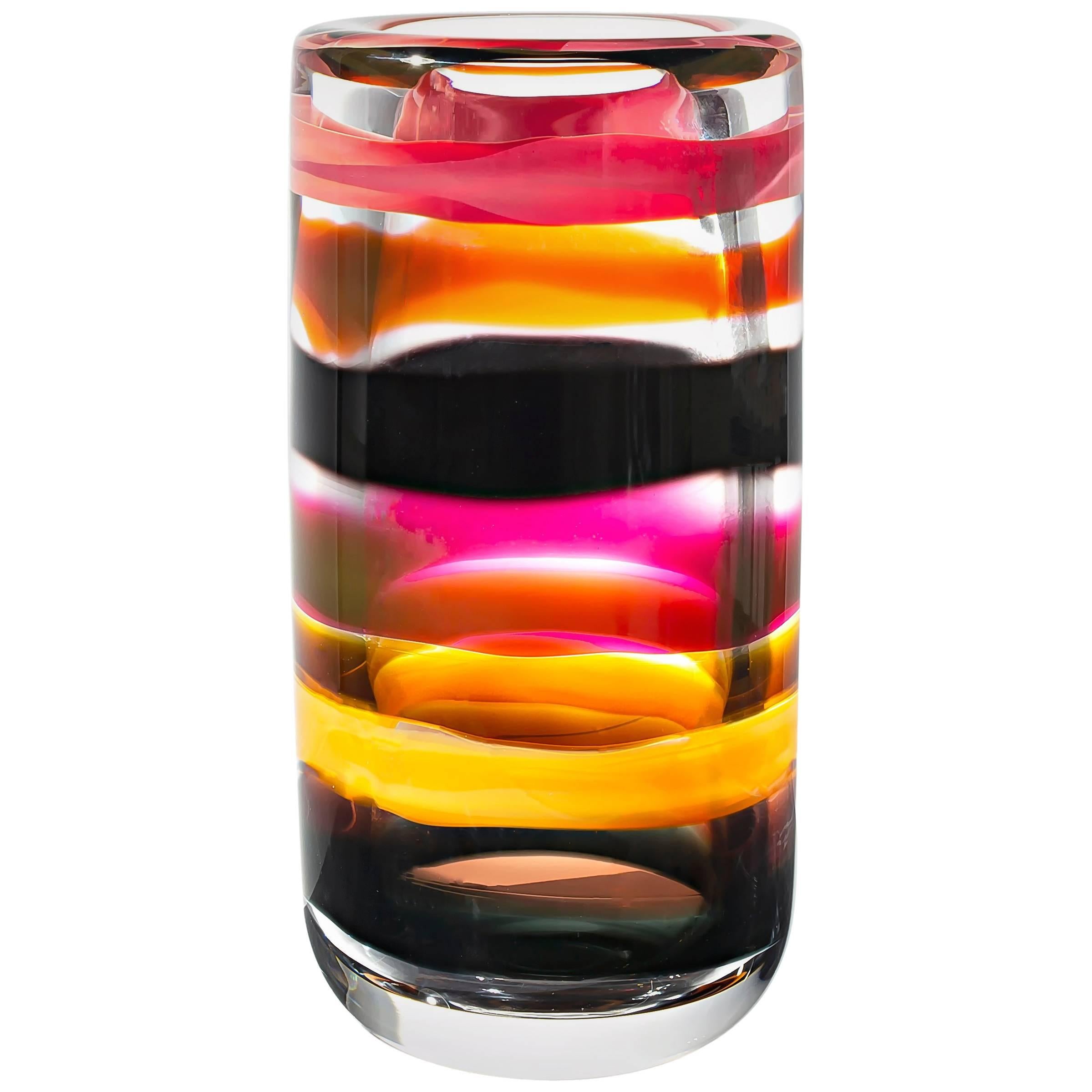 Red Amber Striped Cylinder Vase, Handblown Glass by Siemon and Salazar