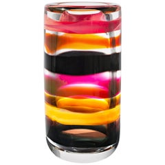 Red Amber Striped Cylinder Vase, Handblown Glass by Siemon and Salazar