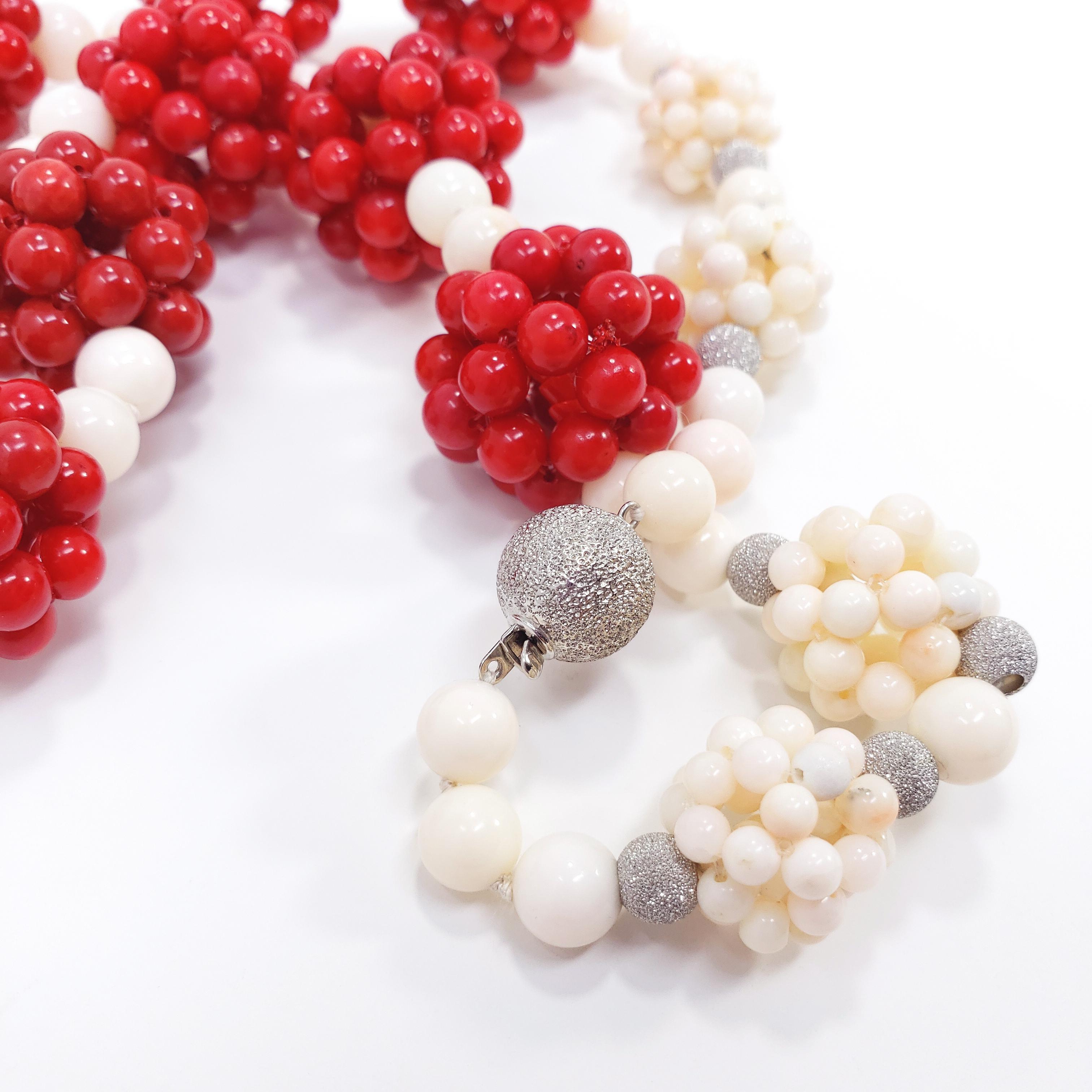 Women's or Men's Red and Angel Skin Coral Bead Custom Cluster Necklace 14 Karat White Gold Clasp