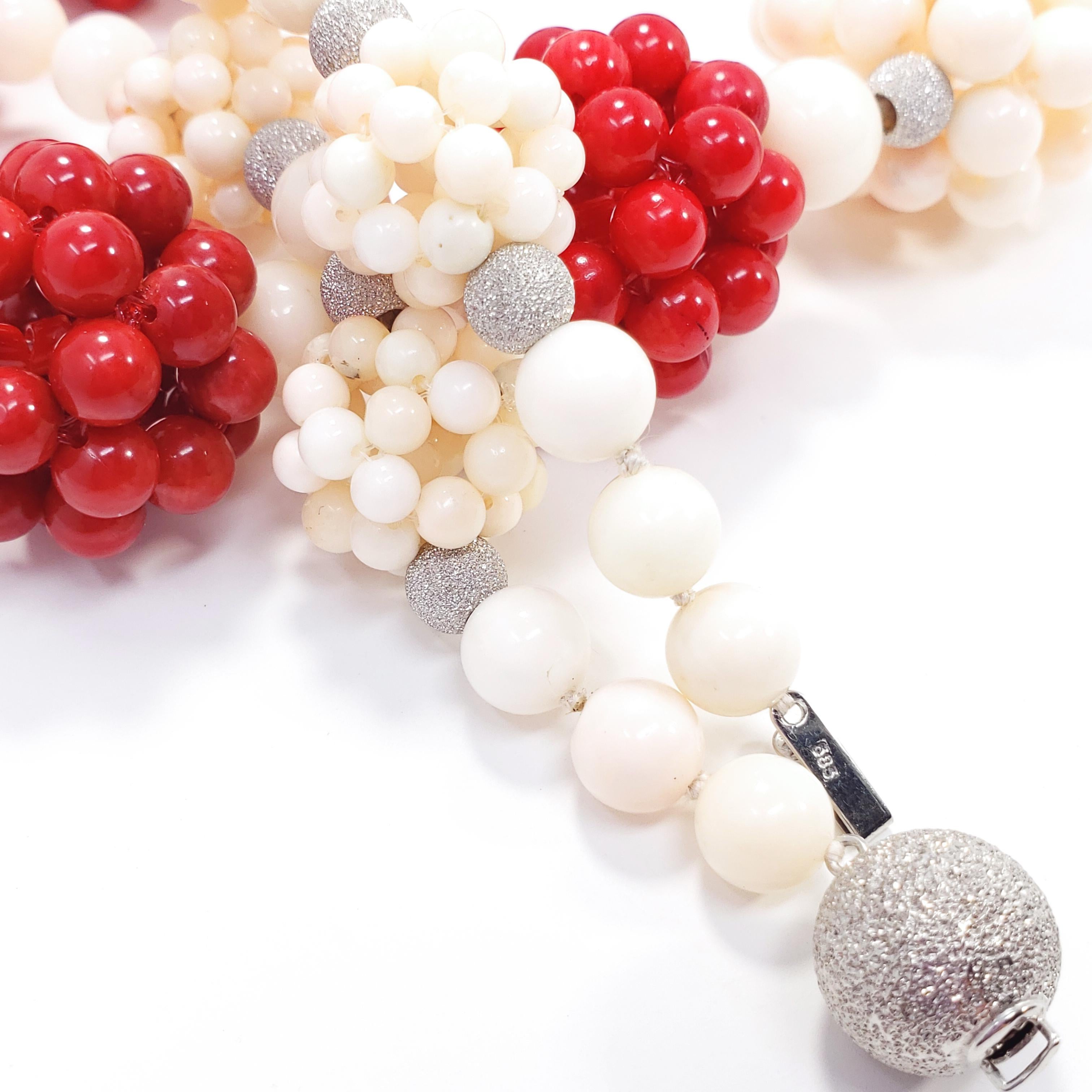 Red and Angel Skin Coral Bead Custom Cluster Necklace 14 Karat White Gold Clasp 1