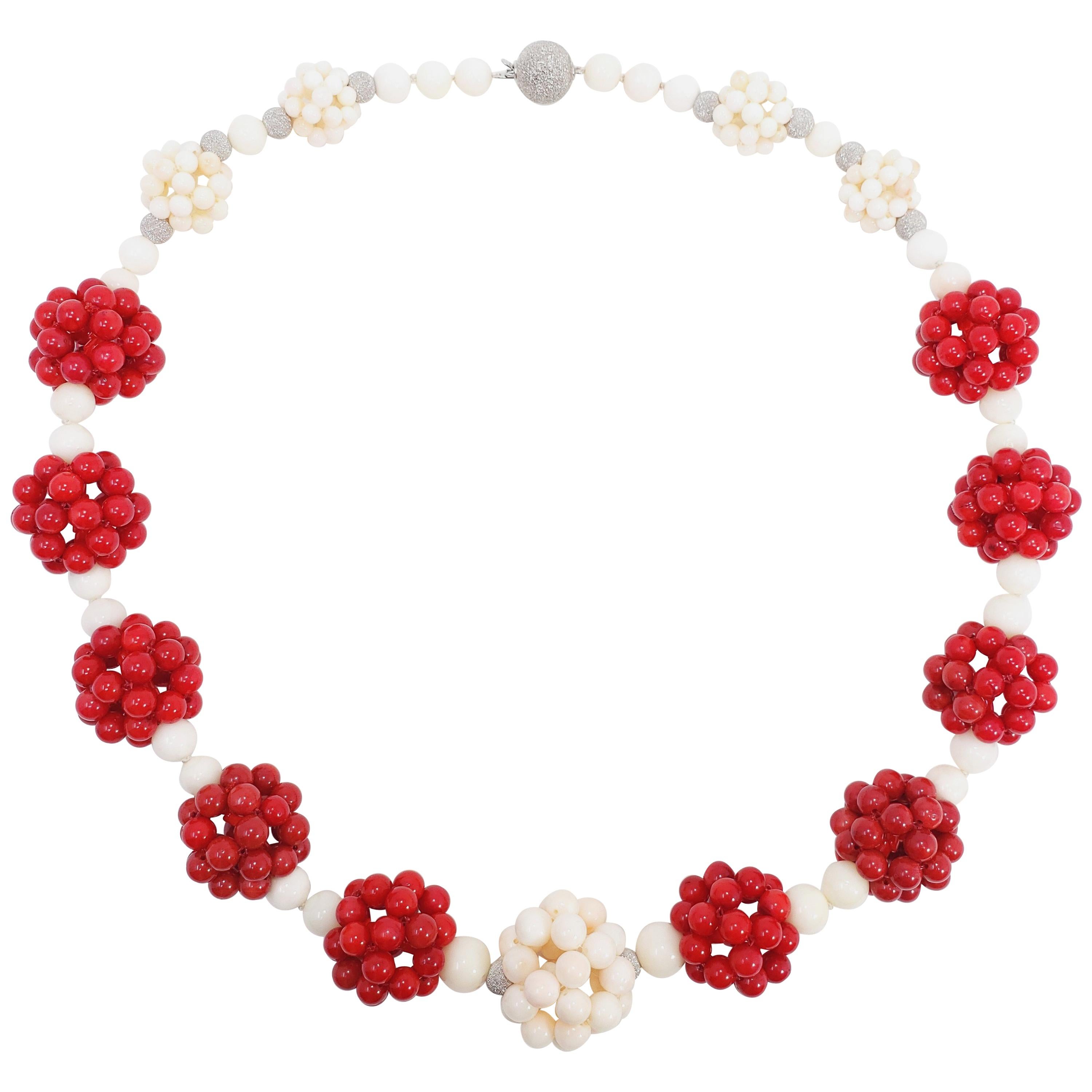 Red and Angel Skin Coral Bead Custom Cluster Necklace 14 Karat White Gold Clasp