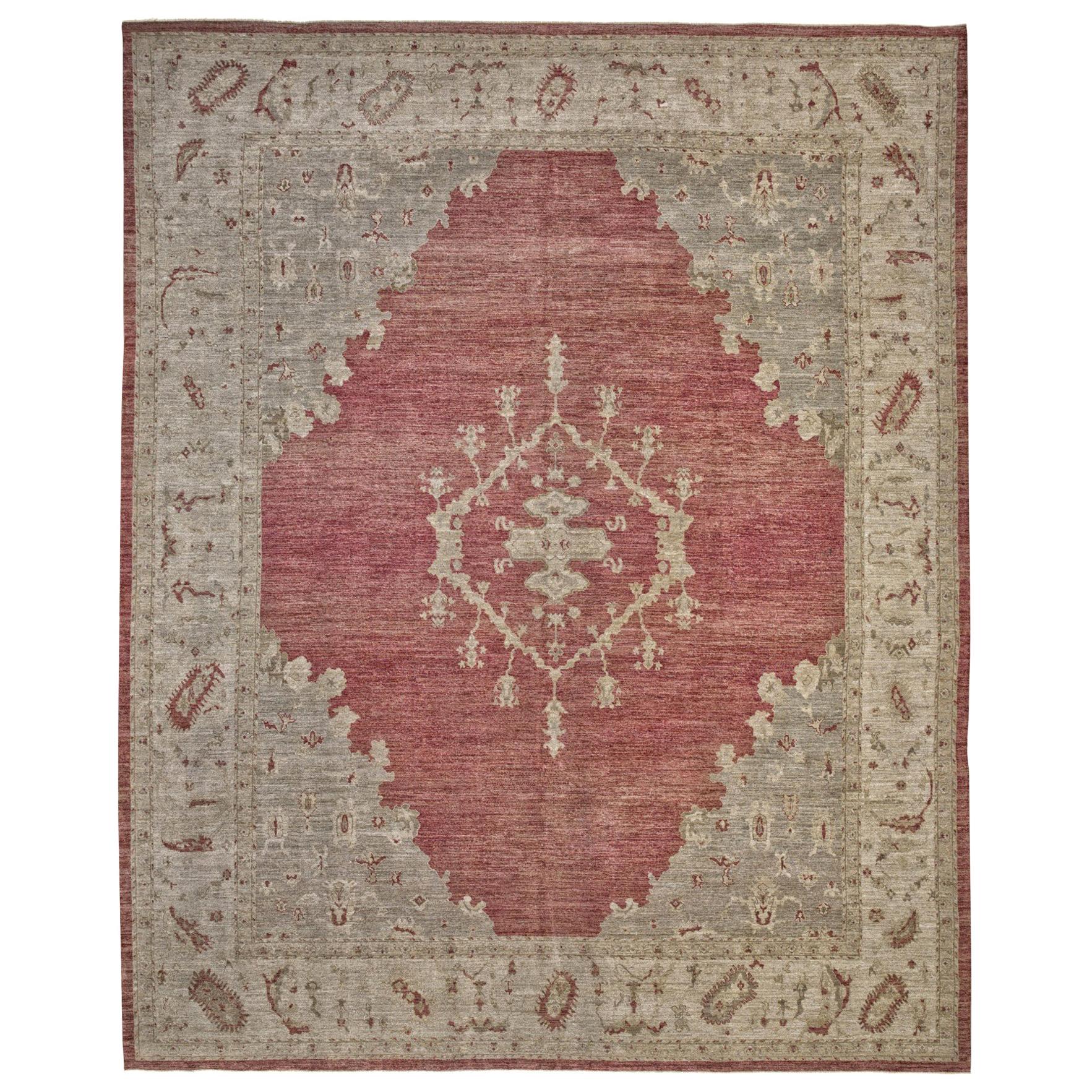 Red and Beige Antique Handmade Wool Distressed over Size Turkish Oushak Rug For Sale