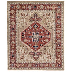 Red and Beige Antique Handmade Wool Distressed Room Size Turkish Oushak Rug