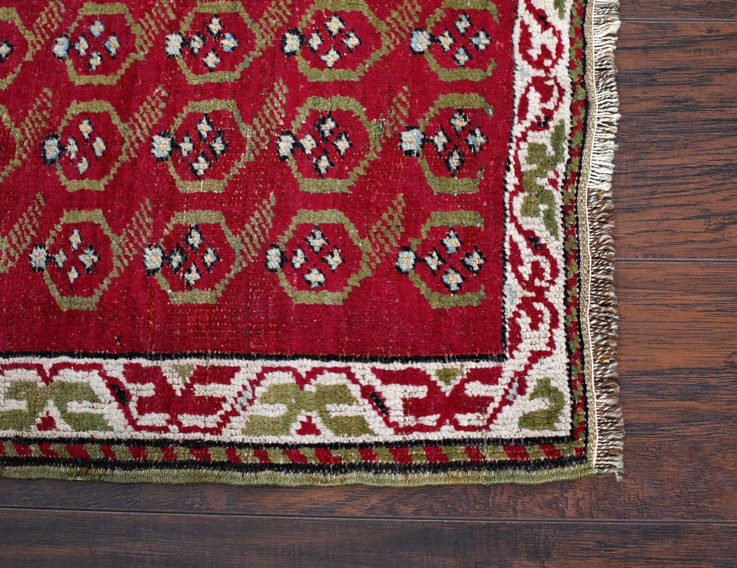Red and Beige Handmade Wool Turkish Old Anatolian Konya Distressed Rug For Sale 1