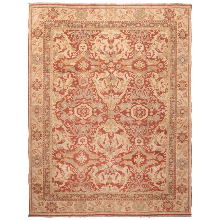Red and Beige Wool Rug with Green Floral Accents For Sale at 1stdibs