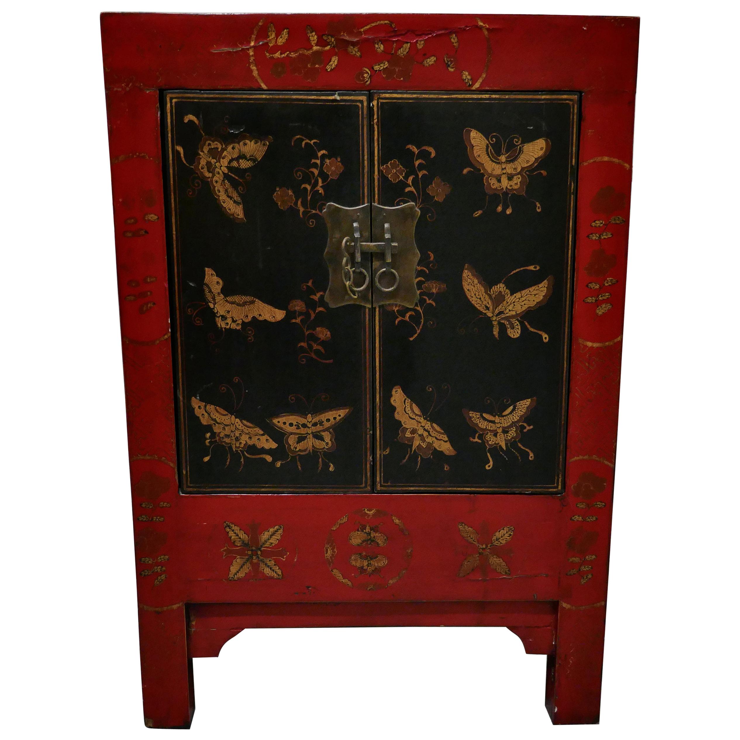 Red and Black Chinoiserie Lacquer Cupboard Decorated with Butterflies