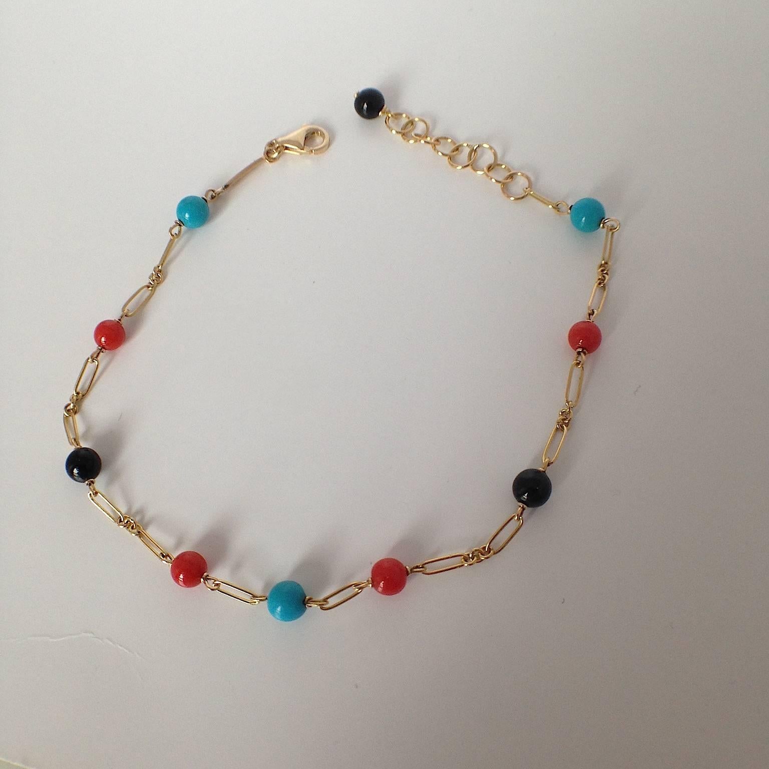 Artisan Red and Black Coral Turquoise Bead Handmade Gold Bracelet