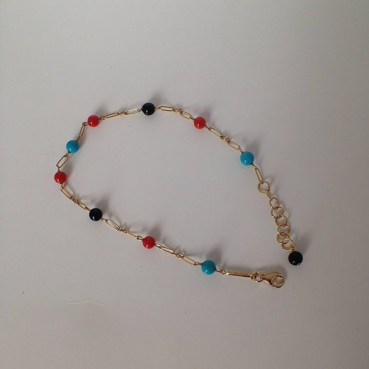 Women's Red and Black Coral Turquoise Bead Handmade Gold Bracelet