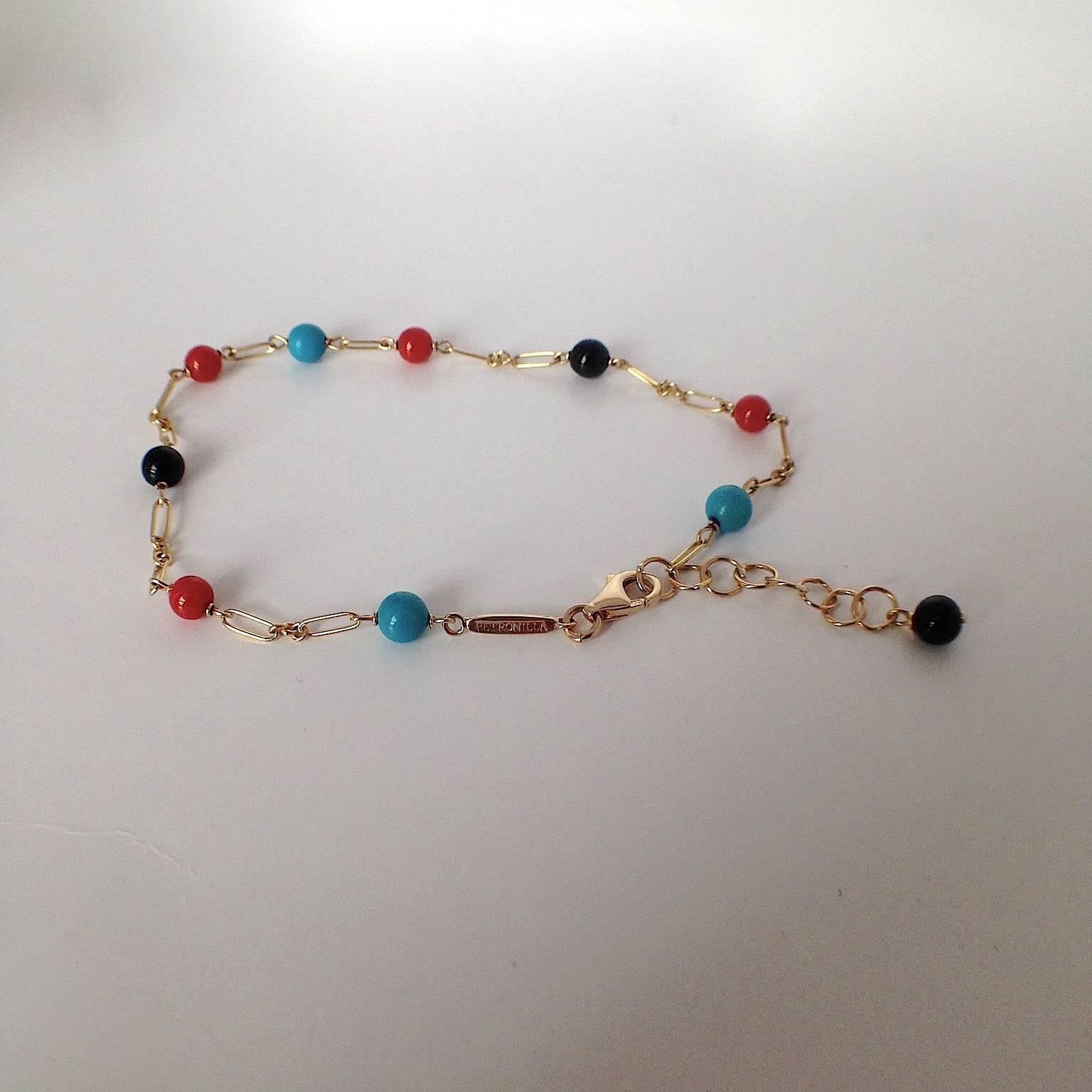 Red and Black Coral Turquoise Bead Handmade Gold Bracelet 2