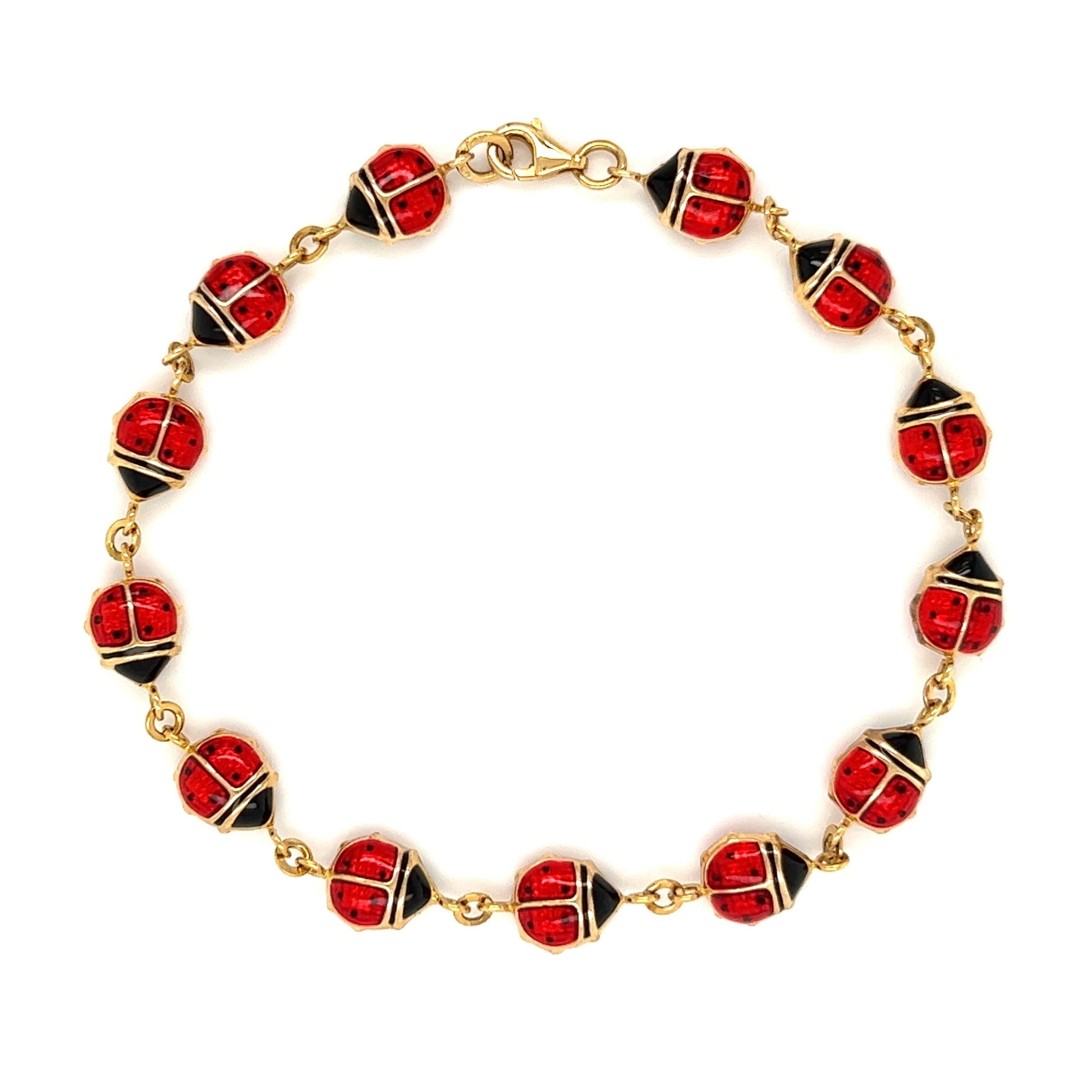 Simply Beautiful! Red and Black Enamel Lady Bugs Coccinelles 14K Yellow Gold Link Bracelet. Measuring approx. 7.75” long. More Beautiful in real time! Sure to be admired and bring you Good Luck…A piece you’ll turn to time and again! 
