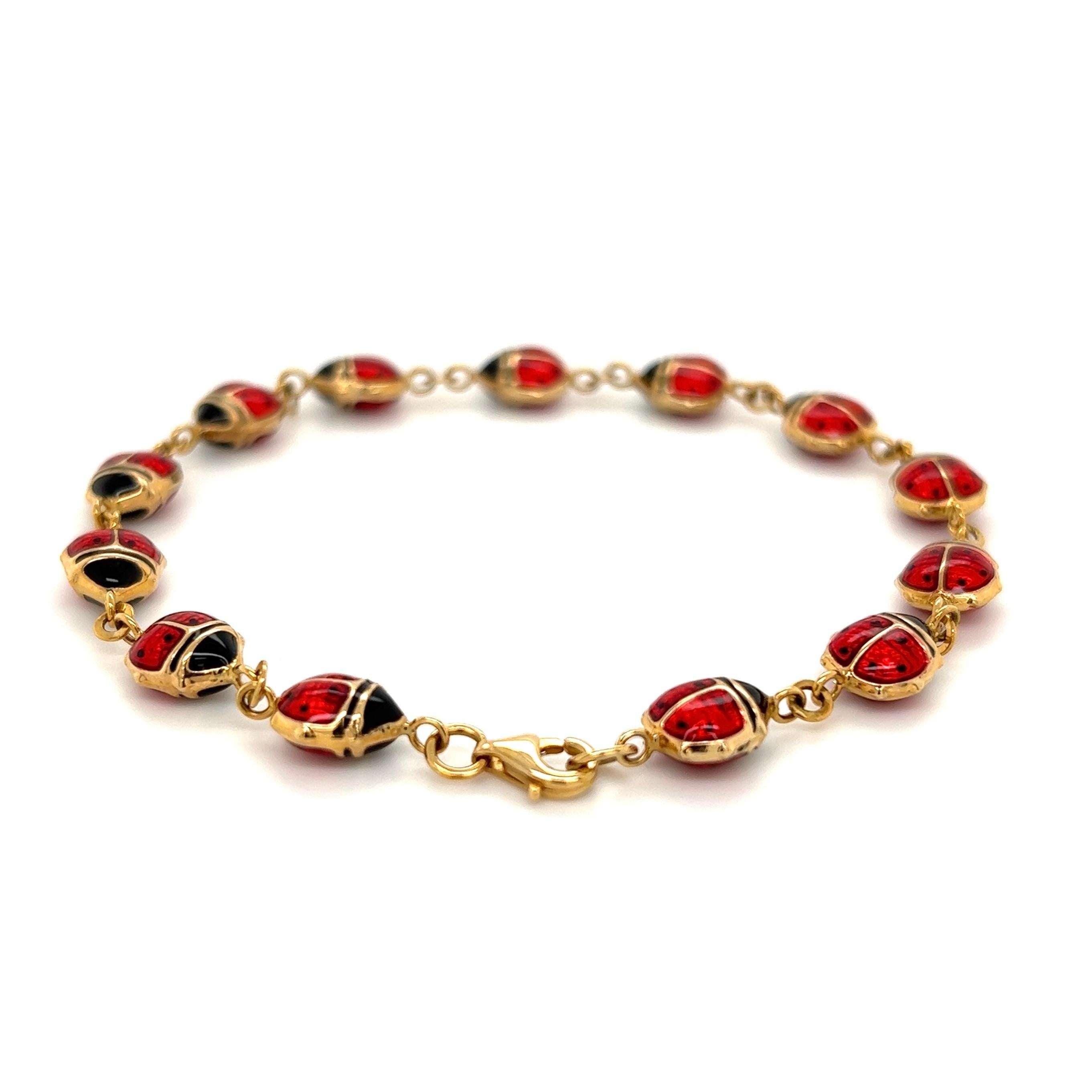 Modern Red and Black Enamel Lady Bug Coccinelles Gold Link Bracelet