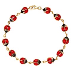 Red and Black Enamel Lady Bug Coccinelles Gold Link Bracelet