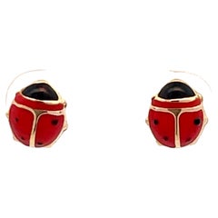 Red and Black Enamel Ladybug Earrings in 14k Yellow Gold