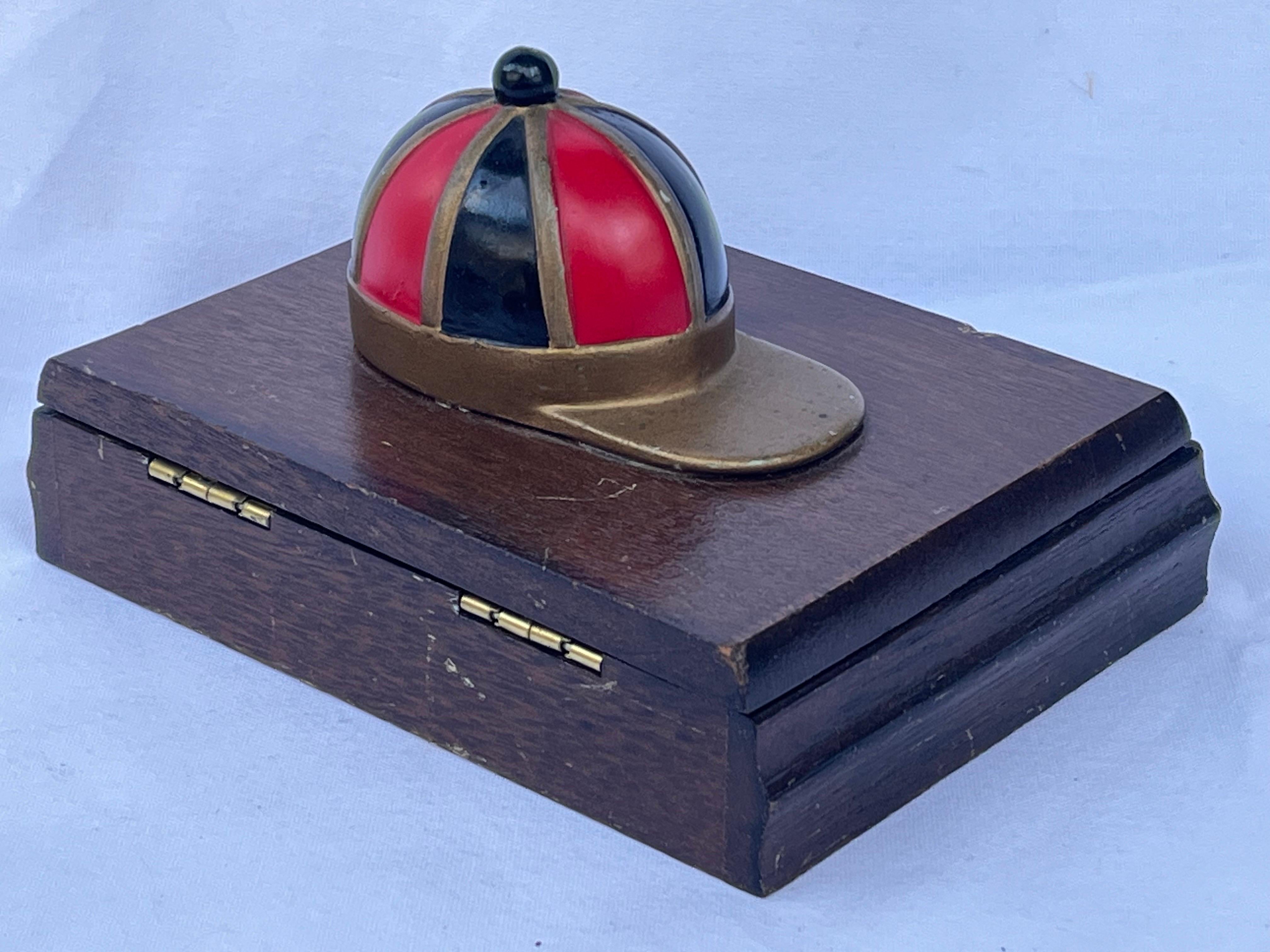 Red and Black Enamel on Brass Jockey Cap Vintage Wood Playing Card Box Accessory For Sale 4