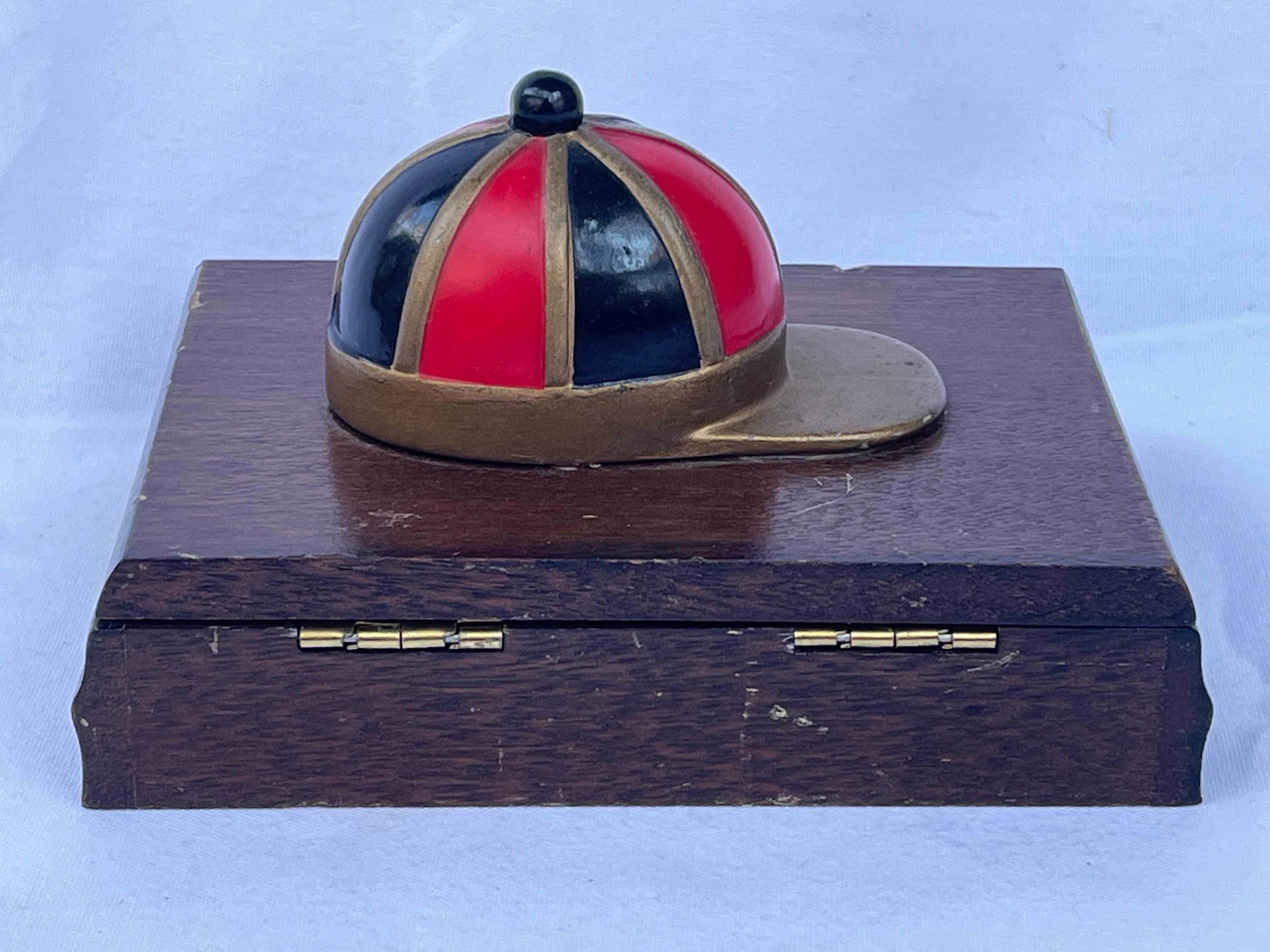 Red and Black Enamel on Brass Jockey Cap Vintage Wood Playing Card Box Accessory For Sale 5
