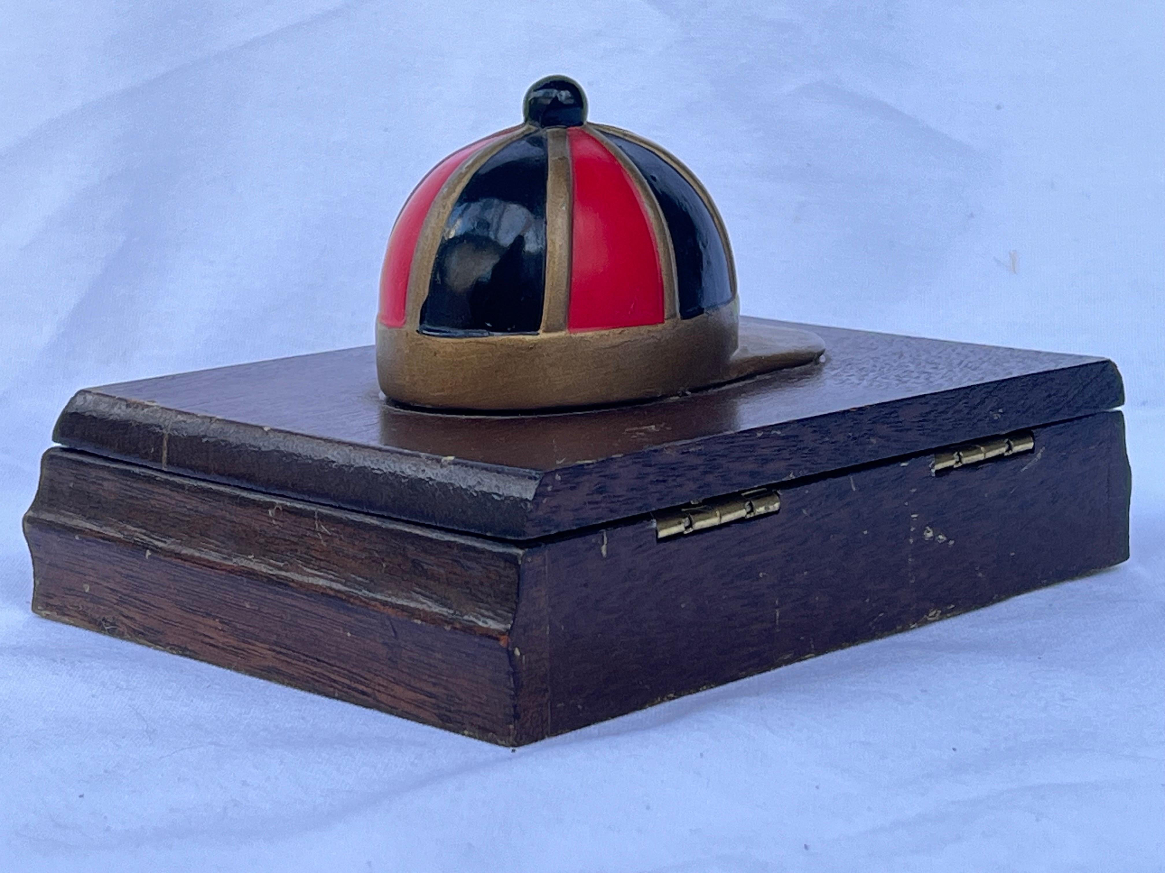 Red and Black Enamel on Brass Jockey Cap Vintage Wood Playing Card Box Accessory For Sale 5