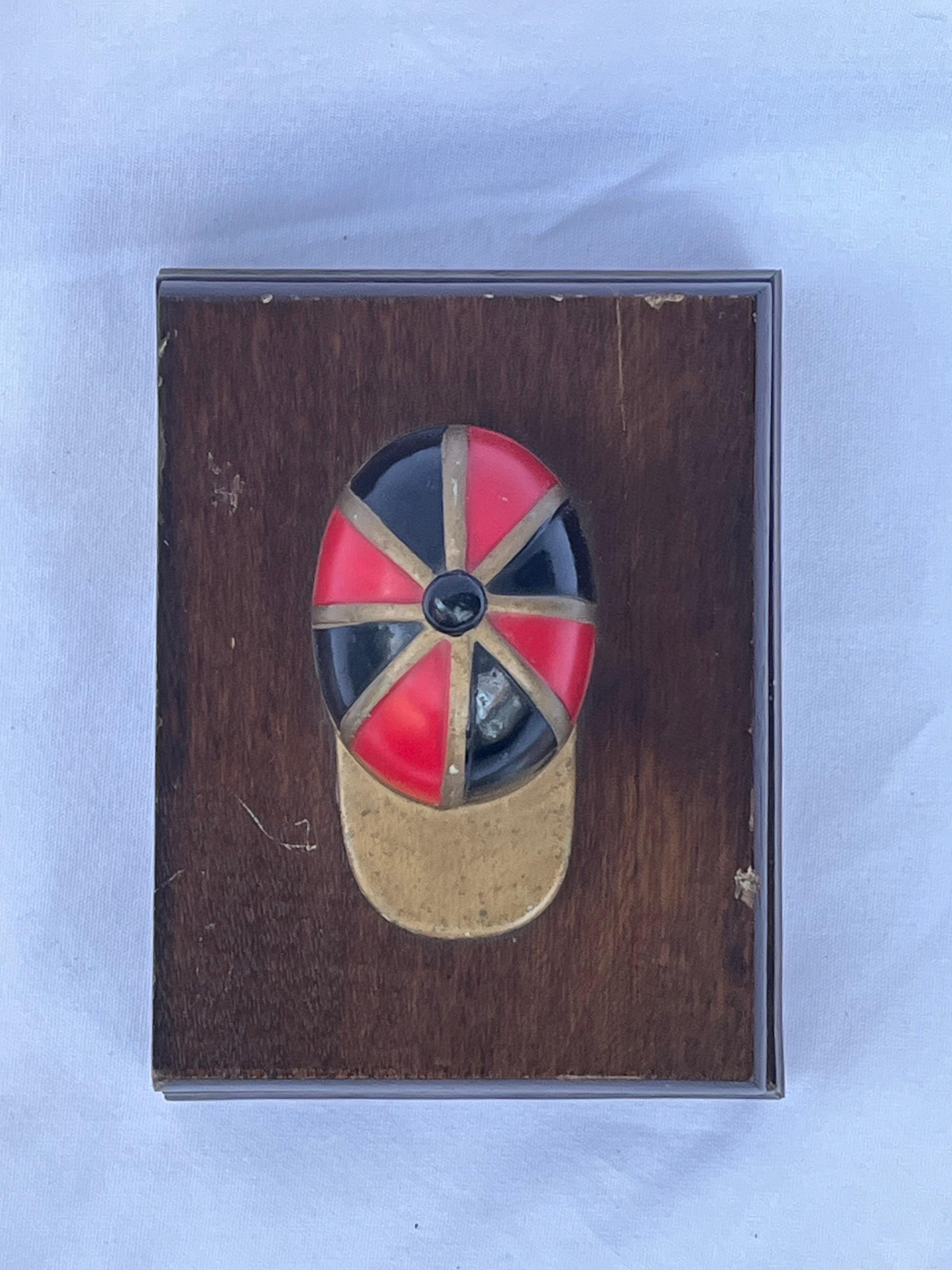 Mid-Century Modern Red and Black Enamel on Brass Jockey Cap Vintage Wood Playing Card Box Accessory For Sale