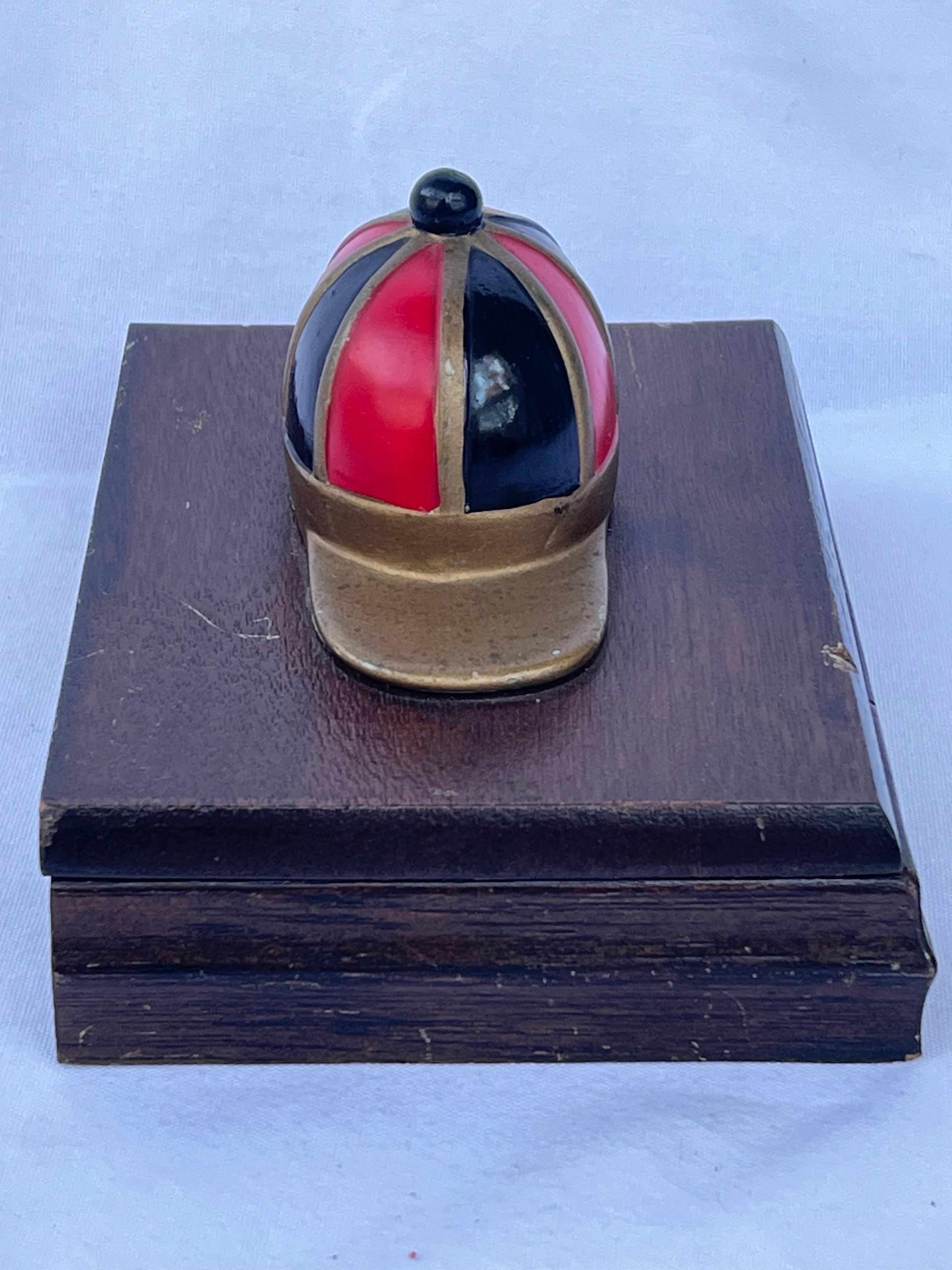 Mid-Century Modern Red and Black Enamel on Brass Jockey Cap Vintage Wood Playing Card Box Accessory For Sale