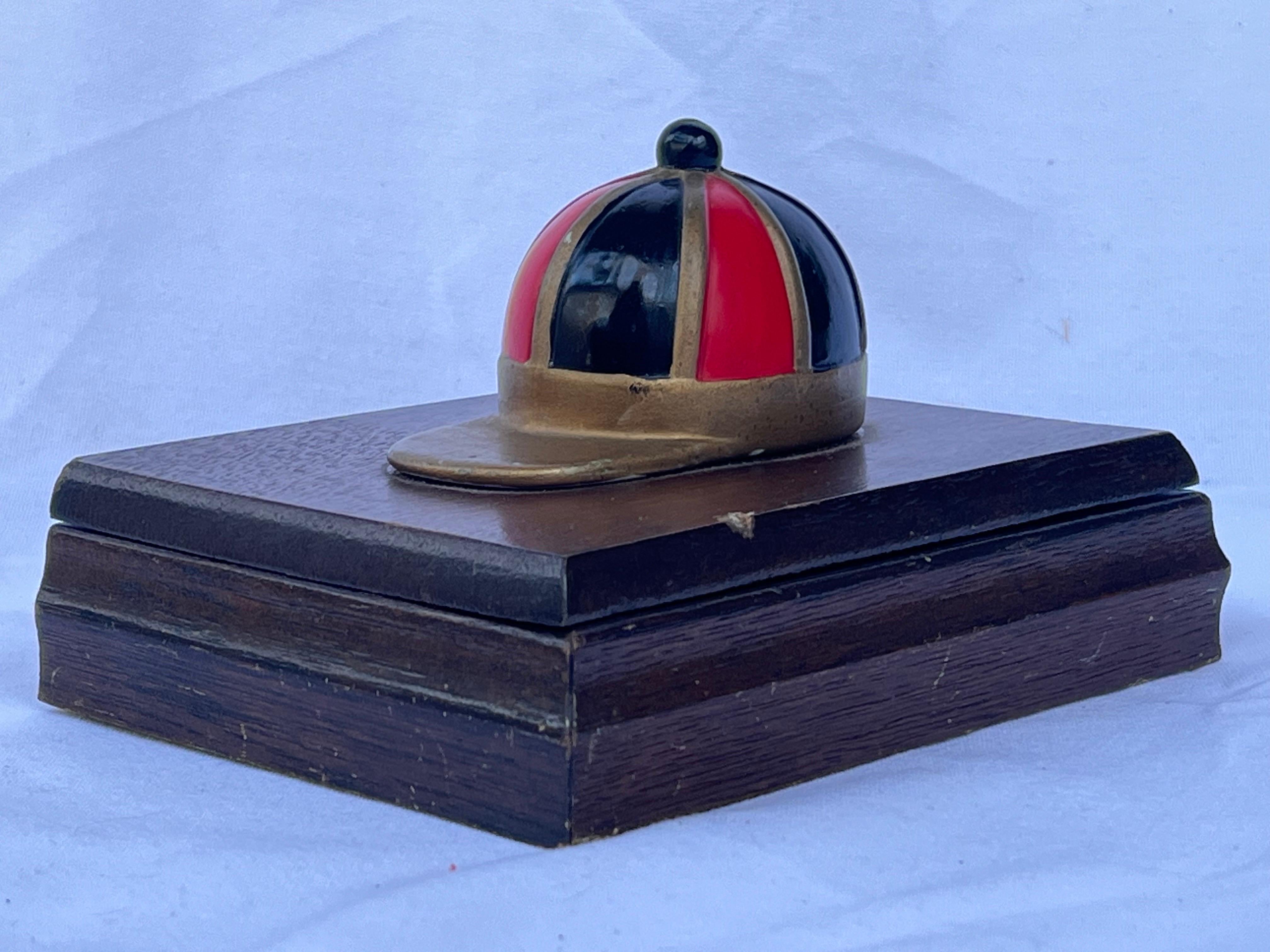 American Red and Black Enamel on Brass Jockey Cap Vintage Wood Playing Card Box Accessory For Sale