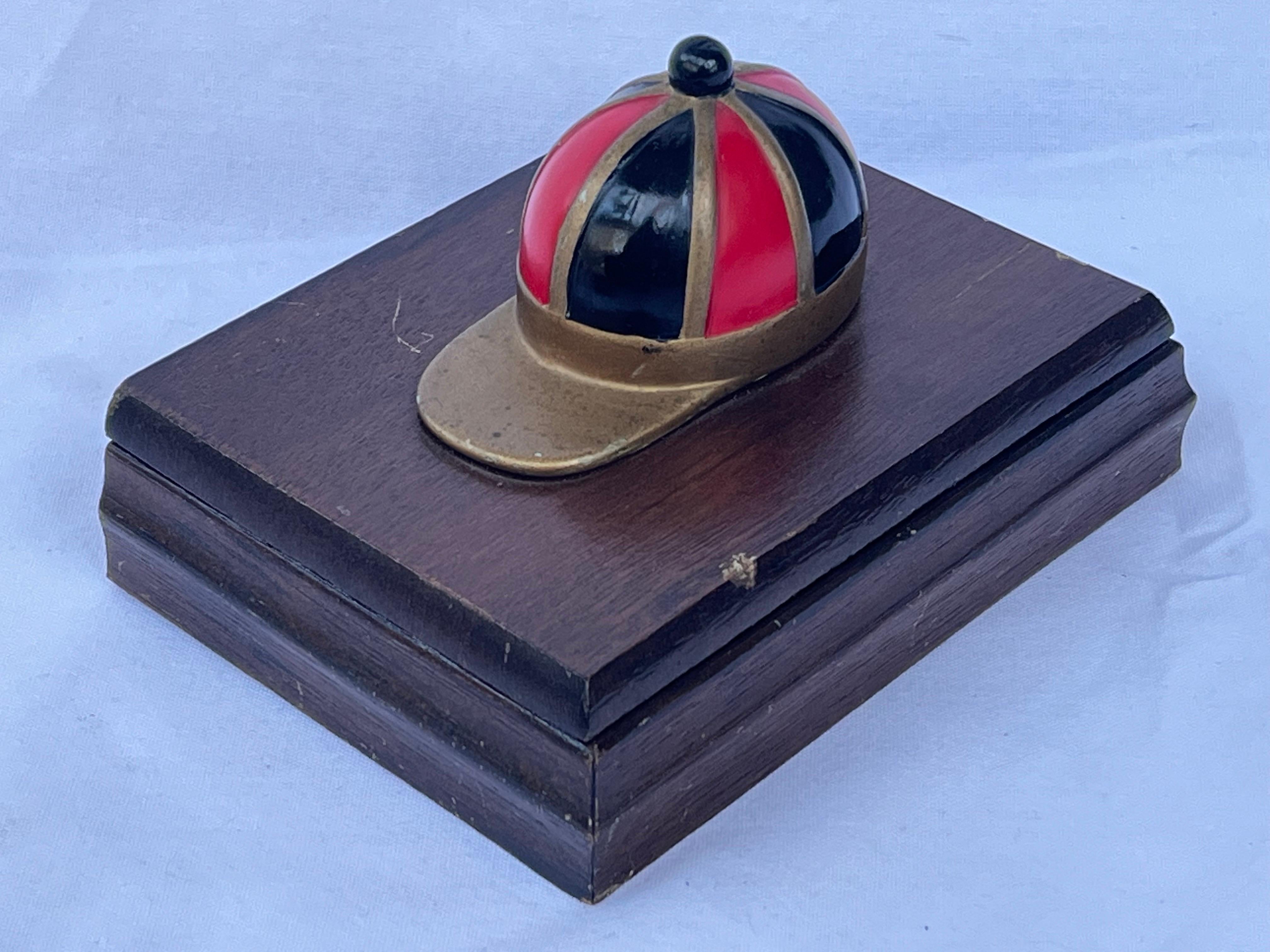 Red and Black Enamel on Brass Jockey Cap Vintage Wood Playing Card Box Accessory In Good Condition For Sale In Atlanta, GA