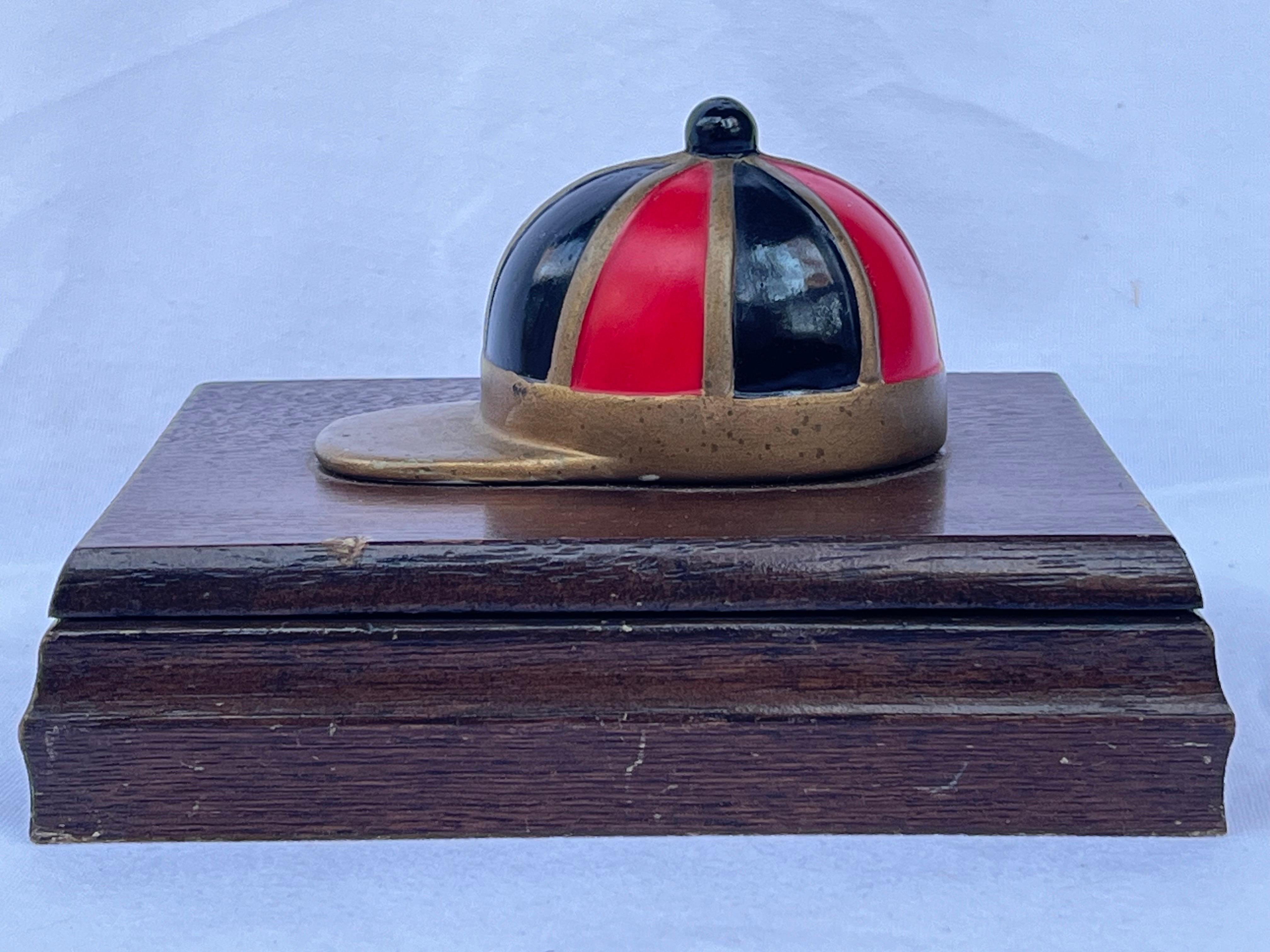 20th Century Red and Black Enamel on Brass Jockey Cap Vintage Wood Playing Card Box Accessory For Sale
