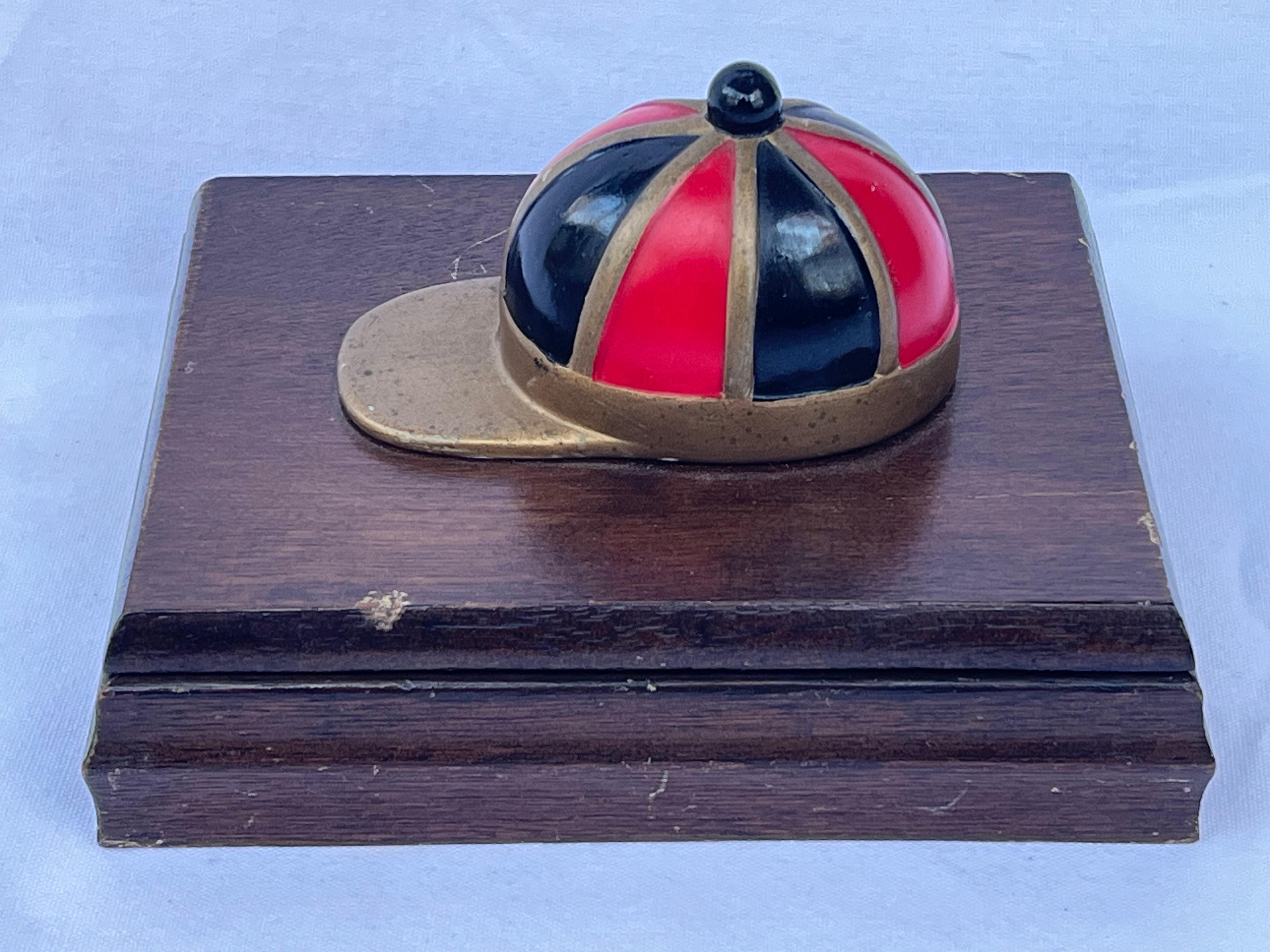 Red and Black Enamel on Brass Jockey Cap Vintage Wood Playing Card Box Accessory For Sale 1