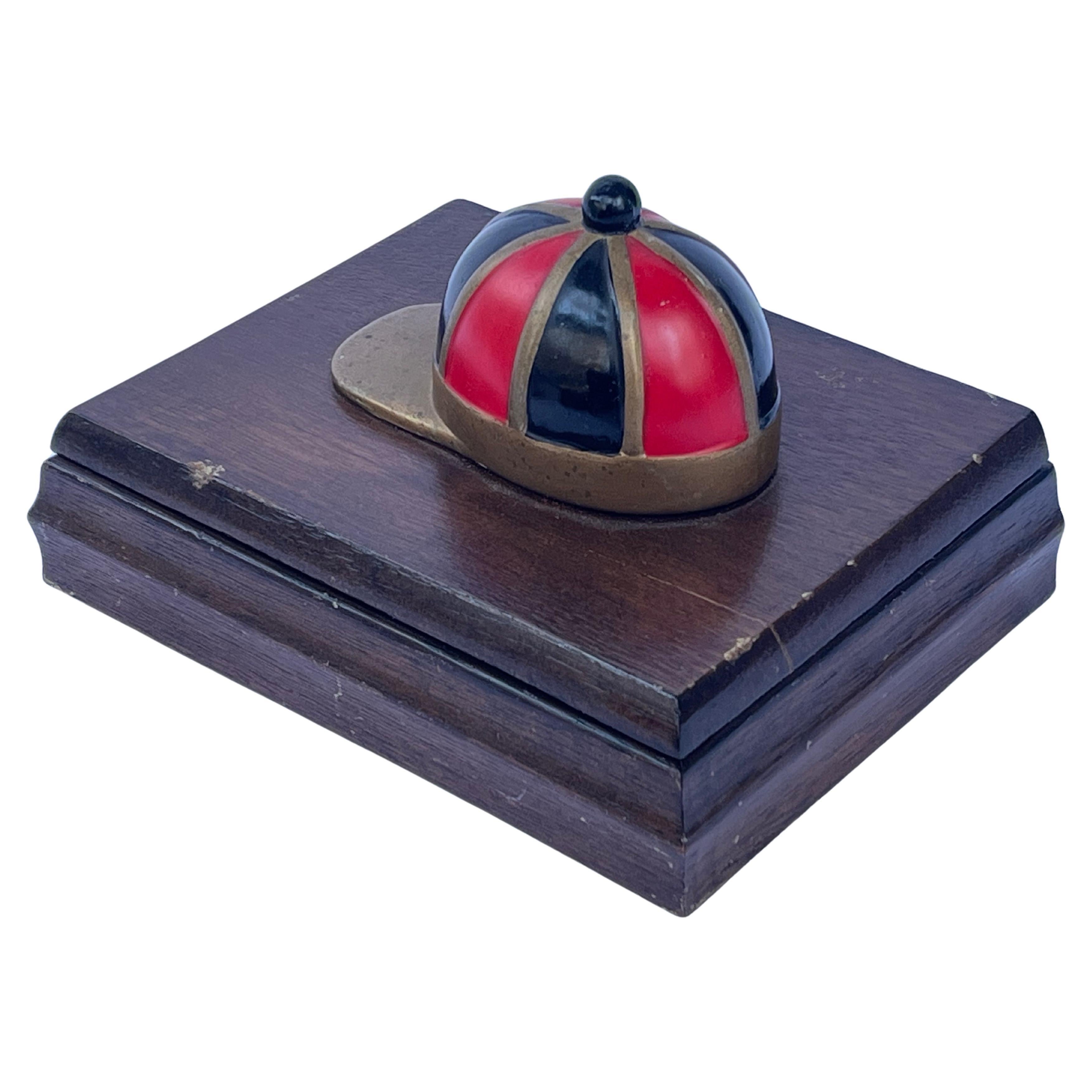 Red and Black Enamel on Brass Jockey Cap Vintage Wood Playing Card Box Accessory For Sale