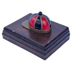 Red and Black Enamel on Brass Jockey Cap Vintage Wood Playing Card Box Accessory