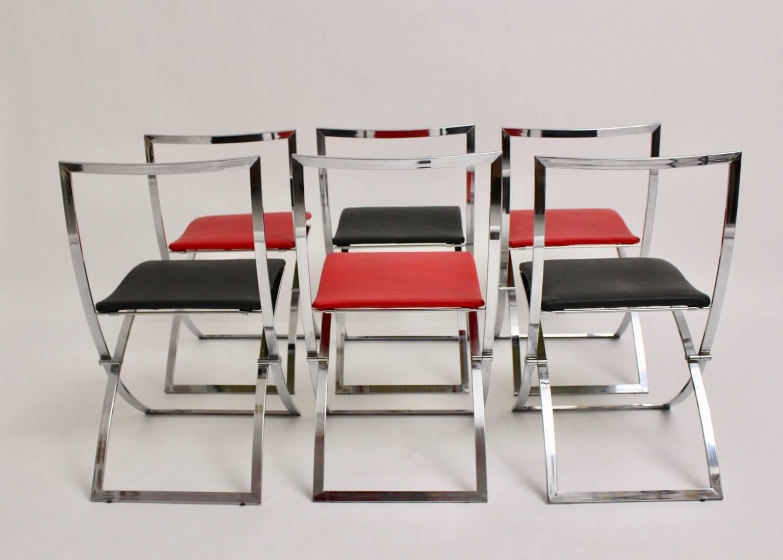 Leather Mid Century Red Black Vintage Folding Dining Chairs Marcello Cuneo, 1970, Italy For Sale
