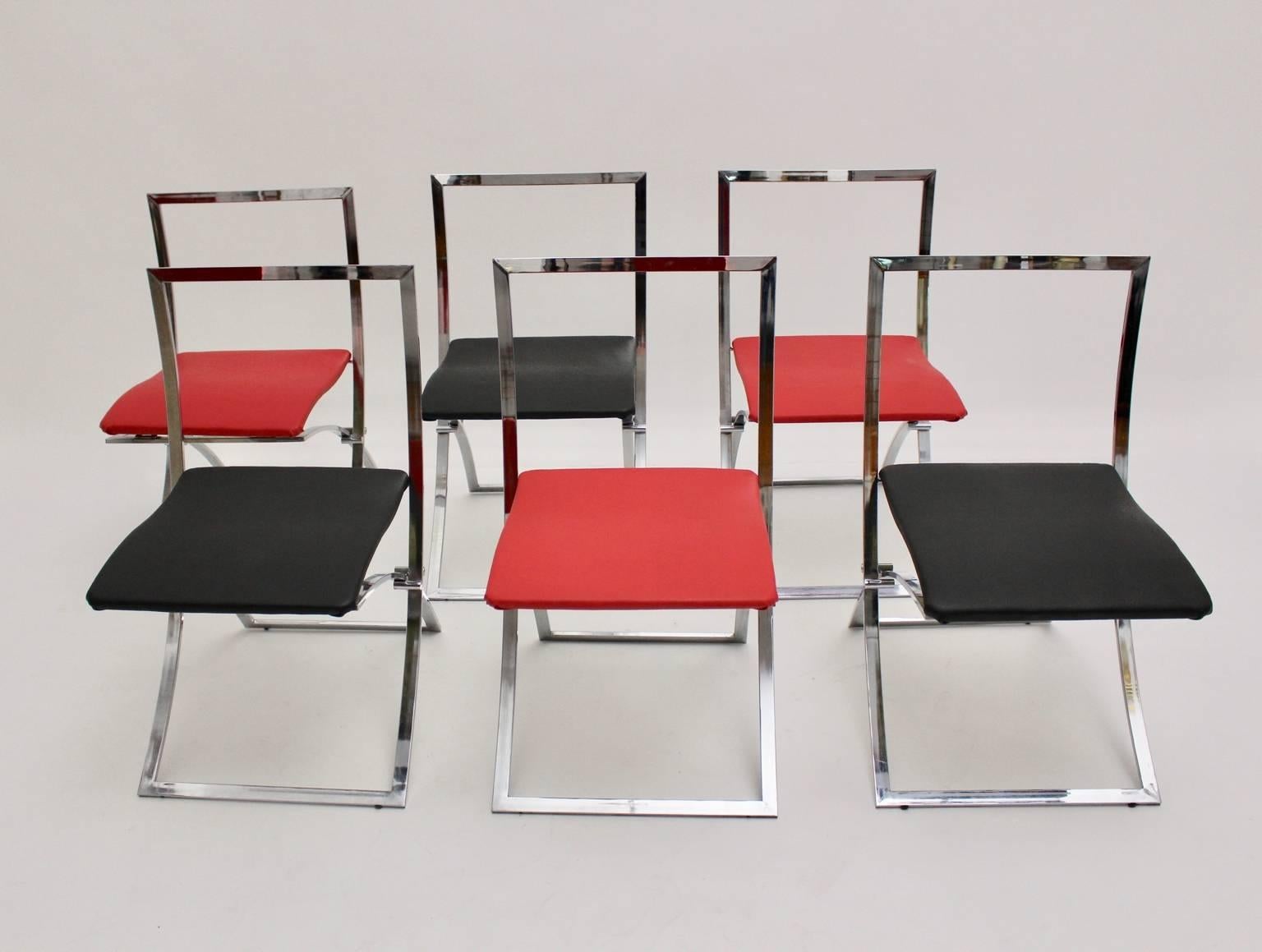 Mid Century Modern vintage dining chairs model Luisa designed by the Italian architect Marcello Cuneo, 1970, Italy and executed by Mobel.
The foldable dining chairs appears elegant and timeless. 
The base is chrome-plated.  Three chairs are provided