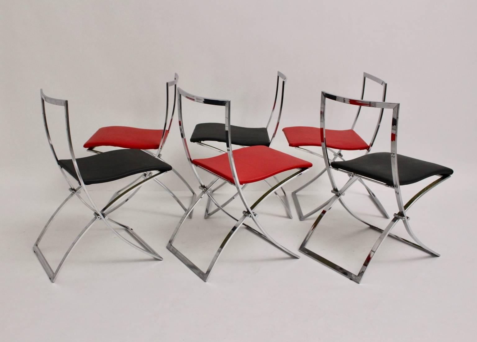 Italian Mid Century Red Black Vintage Folding Dining Chairs Marcello Cuneo, 1970, Italy For Sale