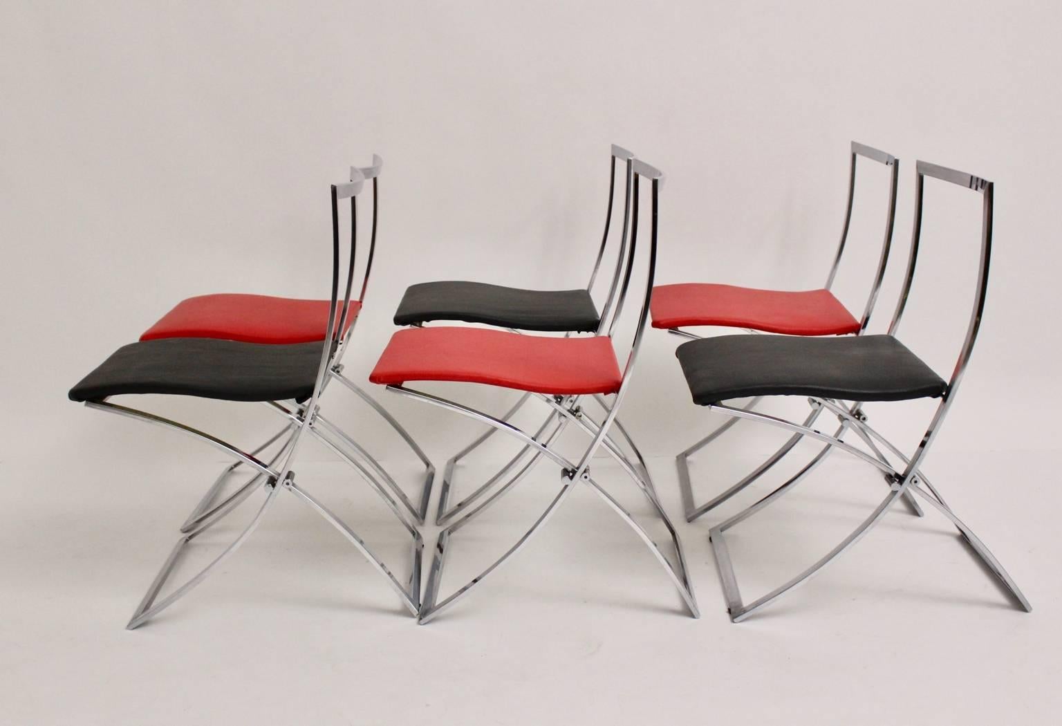Plated Mid Century Red Black Vintage Folding Dining Chairs Marcello Cuneo, 1970, Italy For Sale