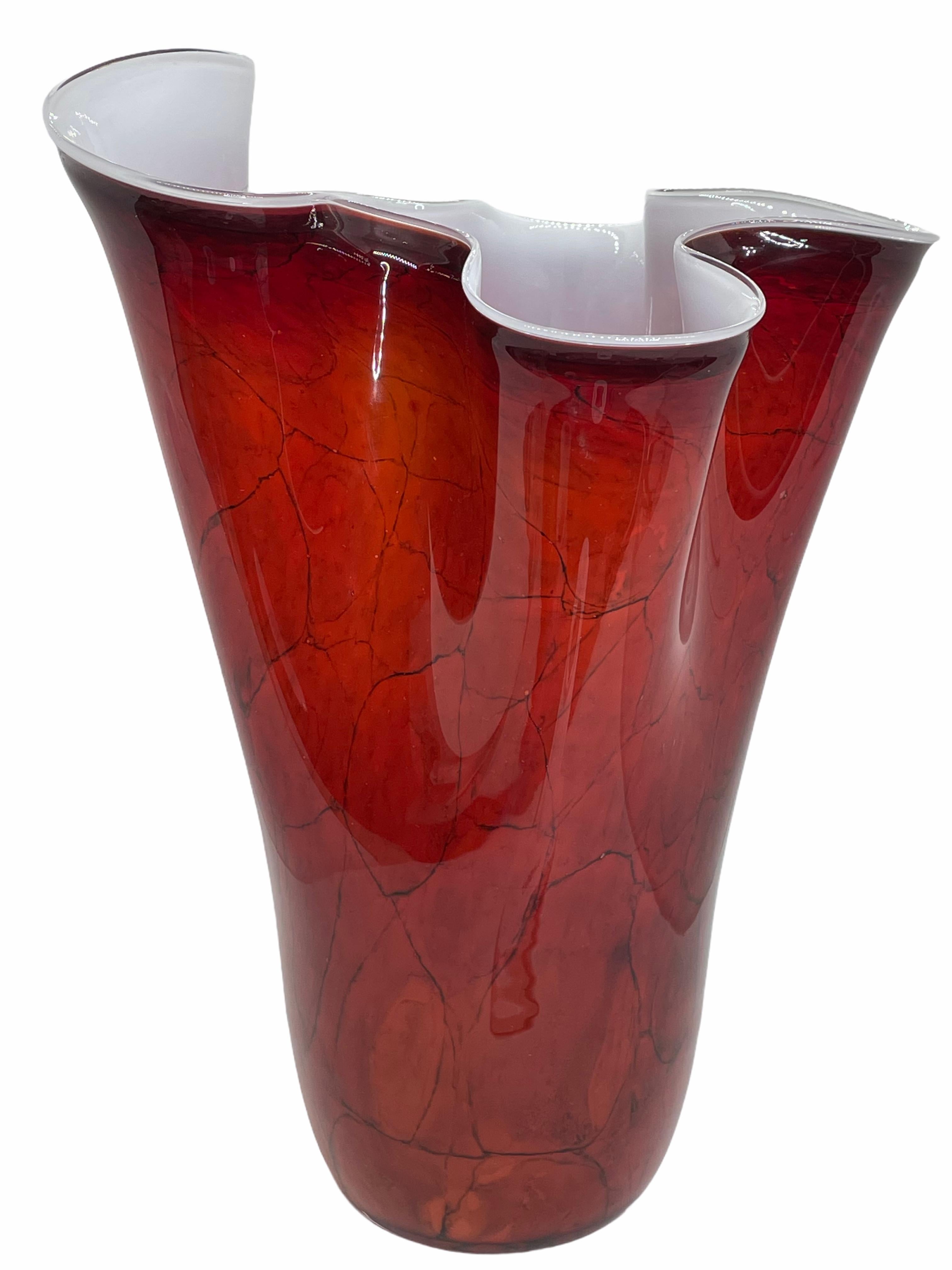 Italian Red and Black Marble Style Glass Murano Vase, Modern, 1980s For Sale