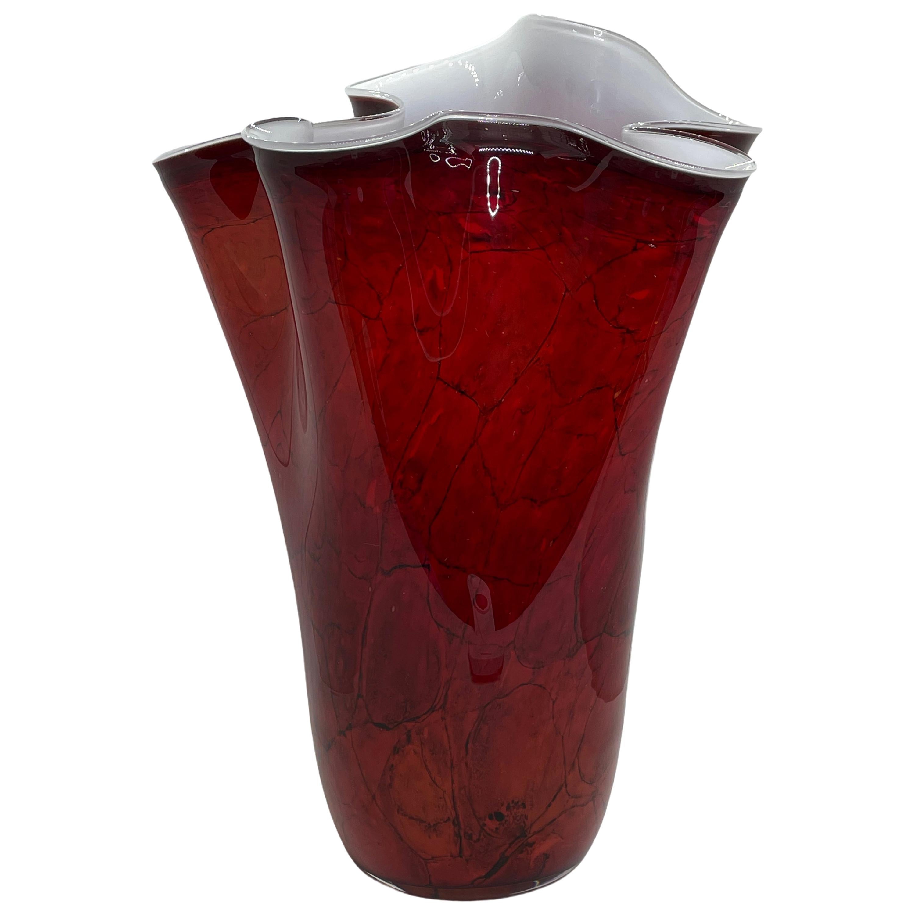 Red and Black Marble Style Glass Murano Vase, Modern, 1980s