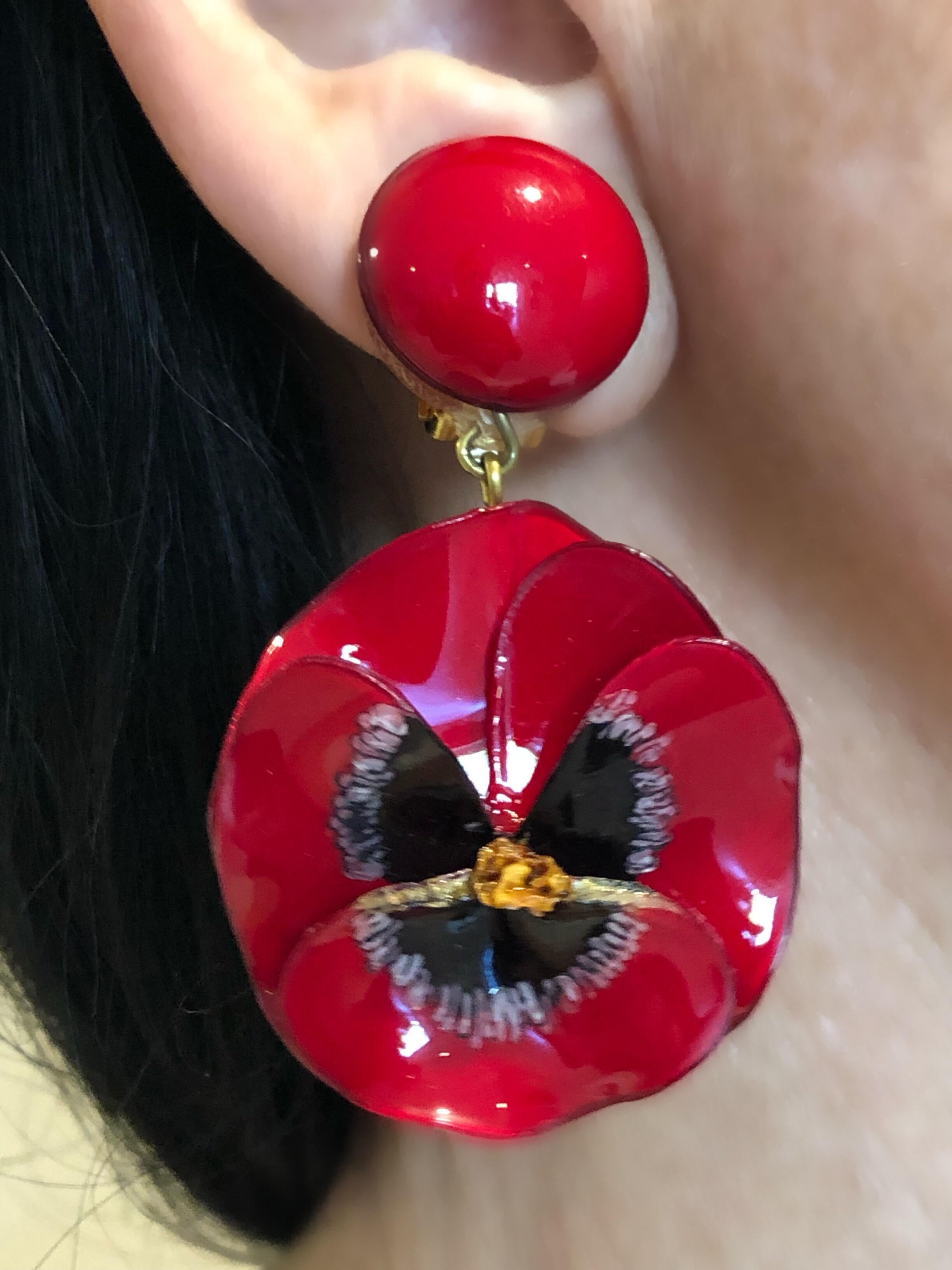 Contemporary Red and Black Pansy Flower Statement Earrings 