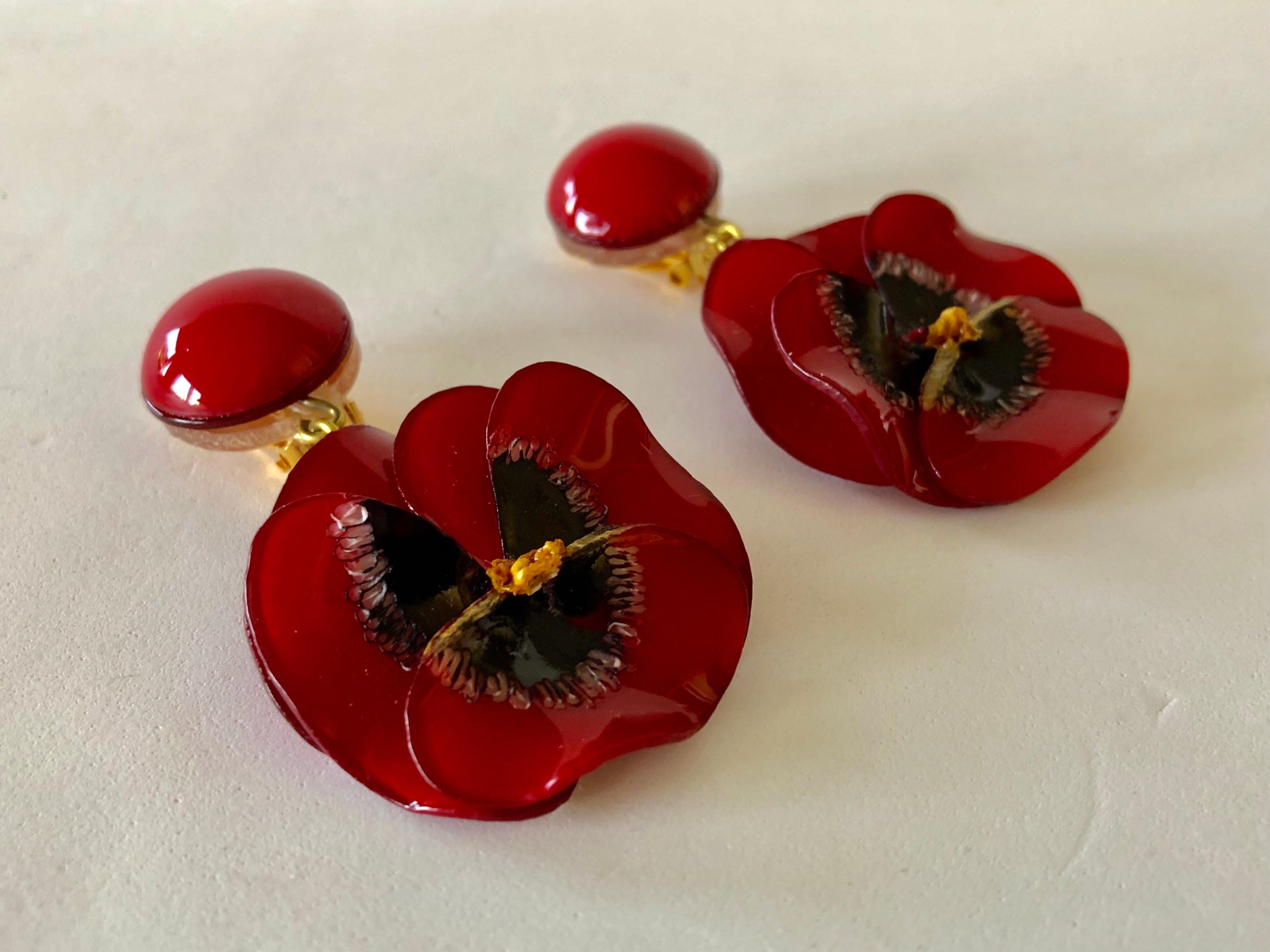 Women's Red and Black Pansy Flower Statement Earrings 