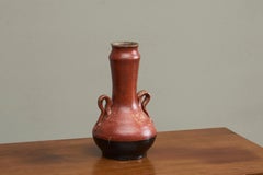Red and Black Studio Pottery Vase with Sculptural Handles Mid 20th Century