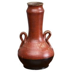 Red and Black Studio Pottery Vase with Sculptural Handles Mid 20th Century