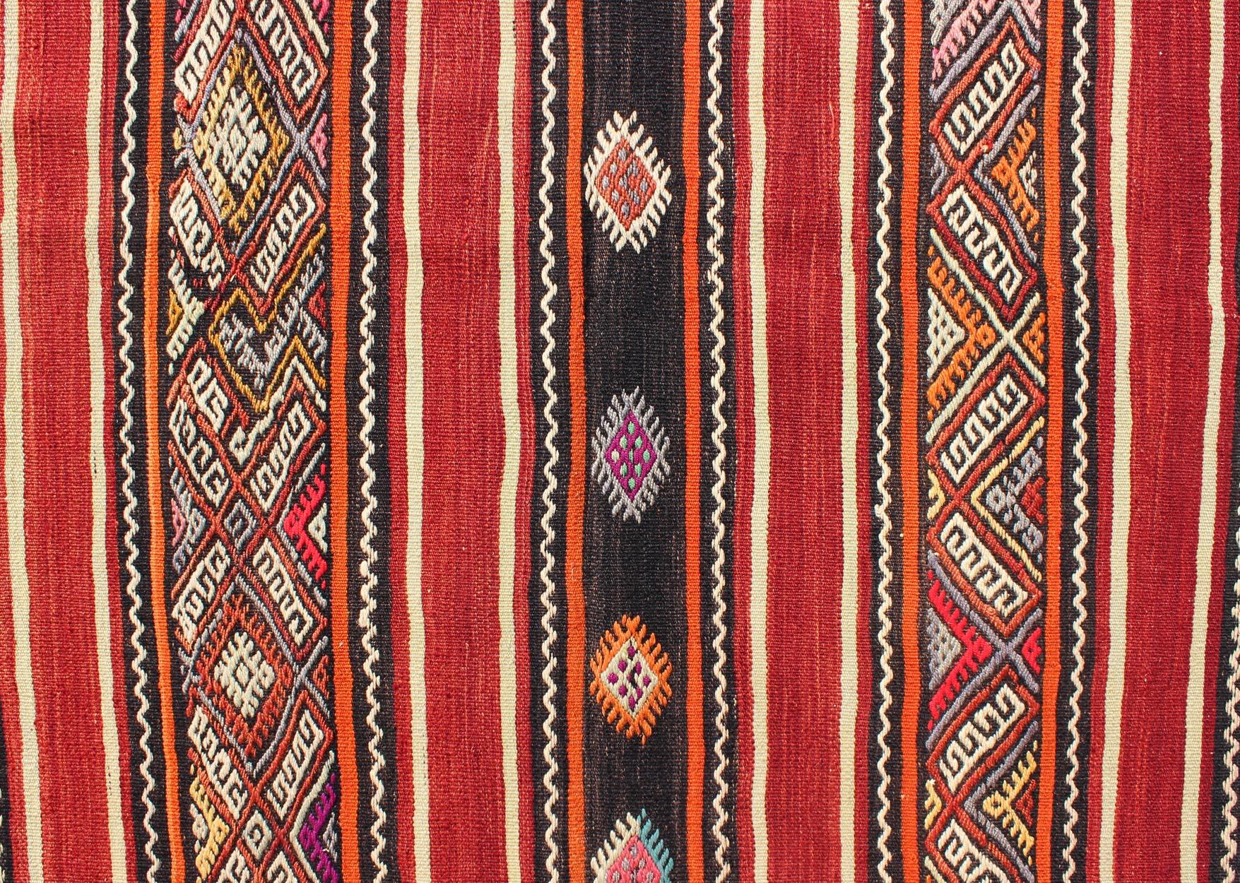Red and Black Vintage Turkish Embroidered Flat Weave in Modern Striped Design For Sale 2