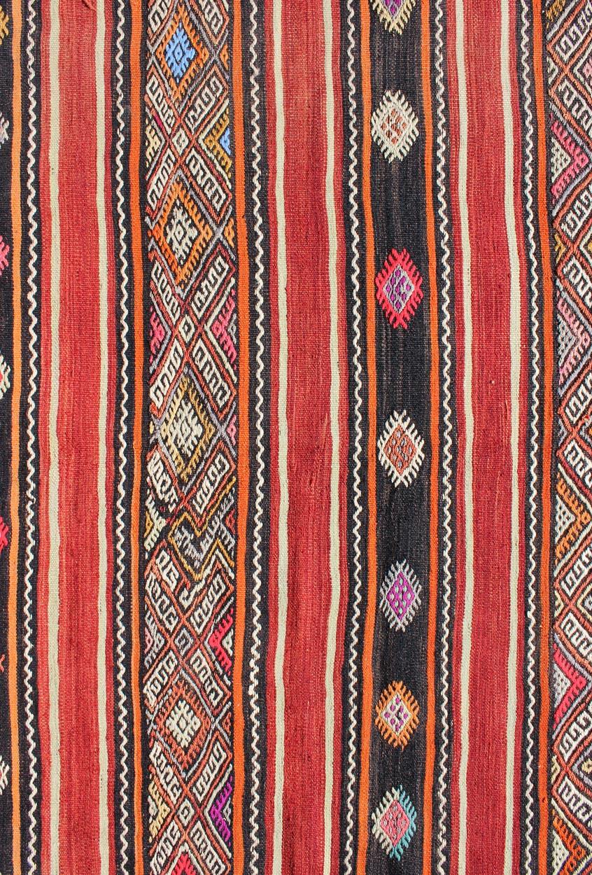 Kilim Red and Black Vintage Turkish Embroidered Flat Weave in Modern Striped Design For Sale