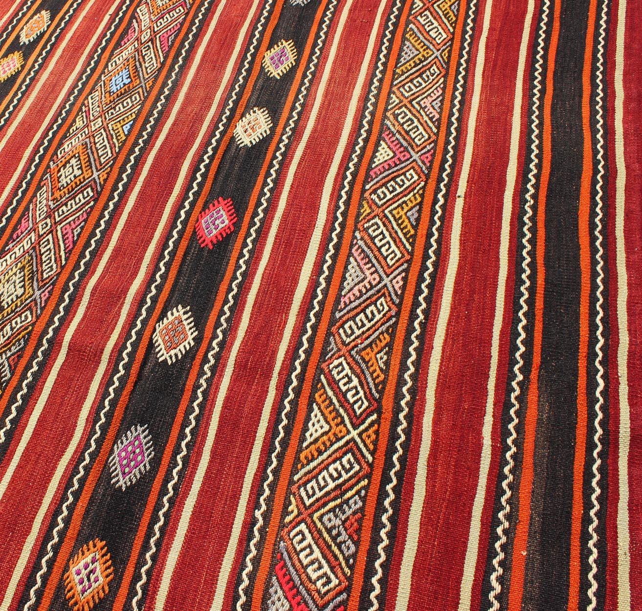 20th Century Red and Black Vintage Turkish Embroidered Flat Weave in Modern Striped Design For Sale