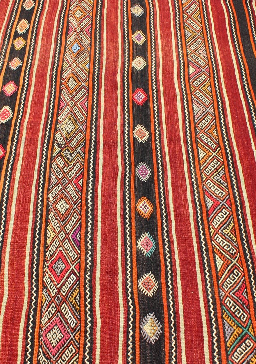 Wool Red and Black Vintage Turkish Embroidered Flat Weave in Modern Striped Design For Sale