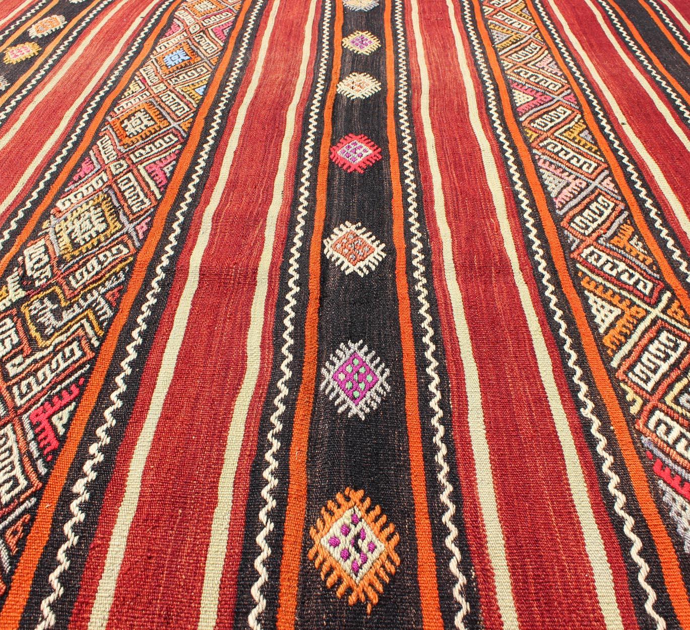 Red and Black Vintage Turkish Embroidered Flat Weave in Modern Striped Design For Sale 1