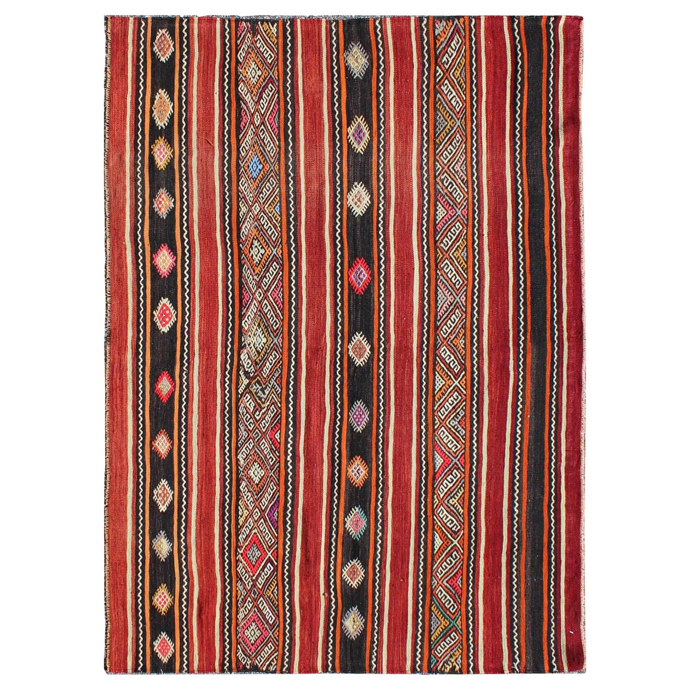 Red and Black Vintage Turkish Embroidered Flat Weave in Modern Striped Design For Sale